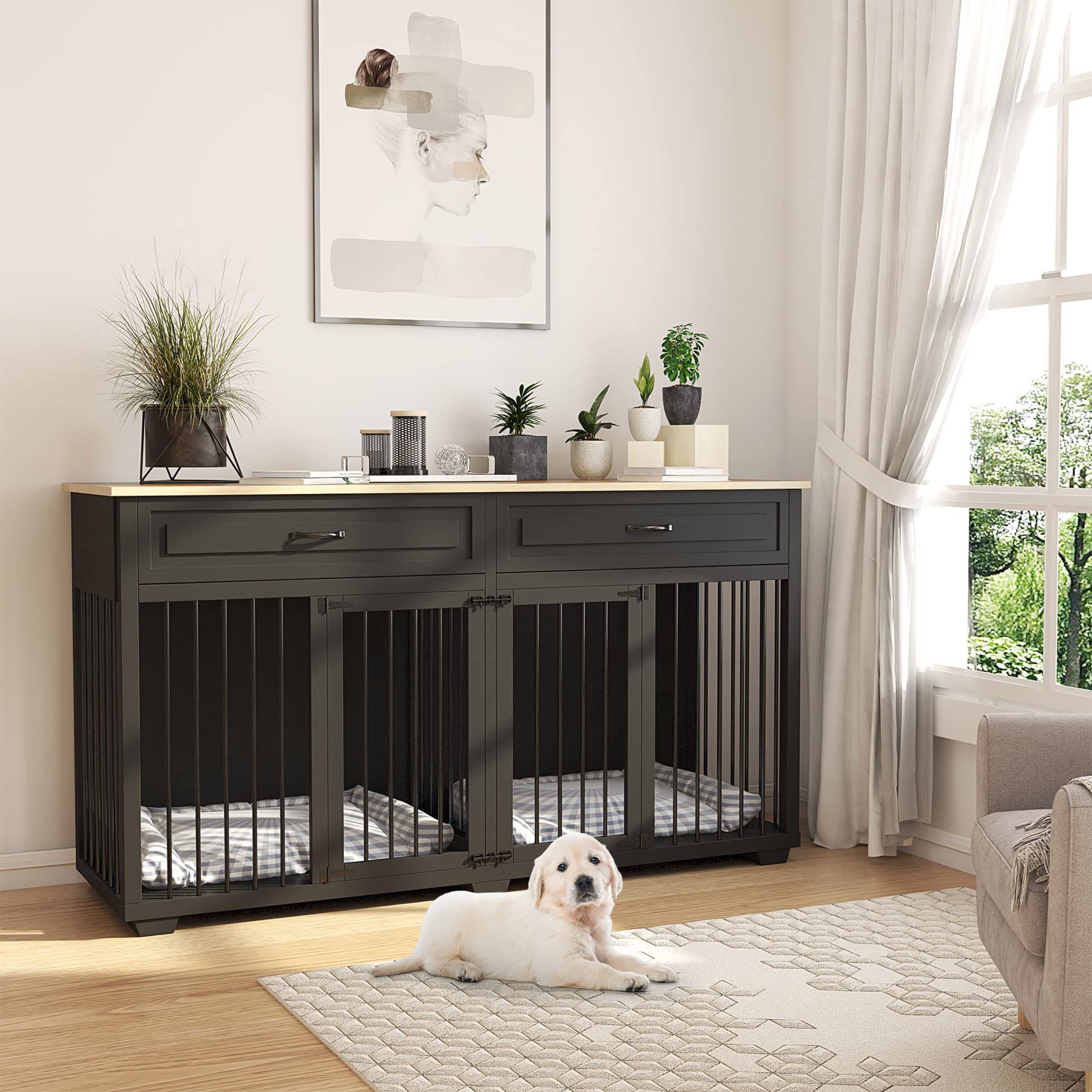 DAWNSPACES Dog Crate Furniture, 72 Inch Heavy Duty Wooden Large Dog Kennel with Drawers & Divider, Indoor Furniture Style Dog Cr