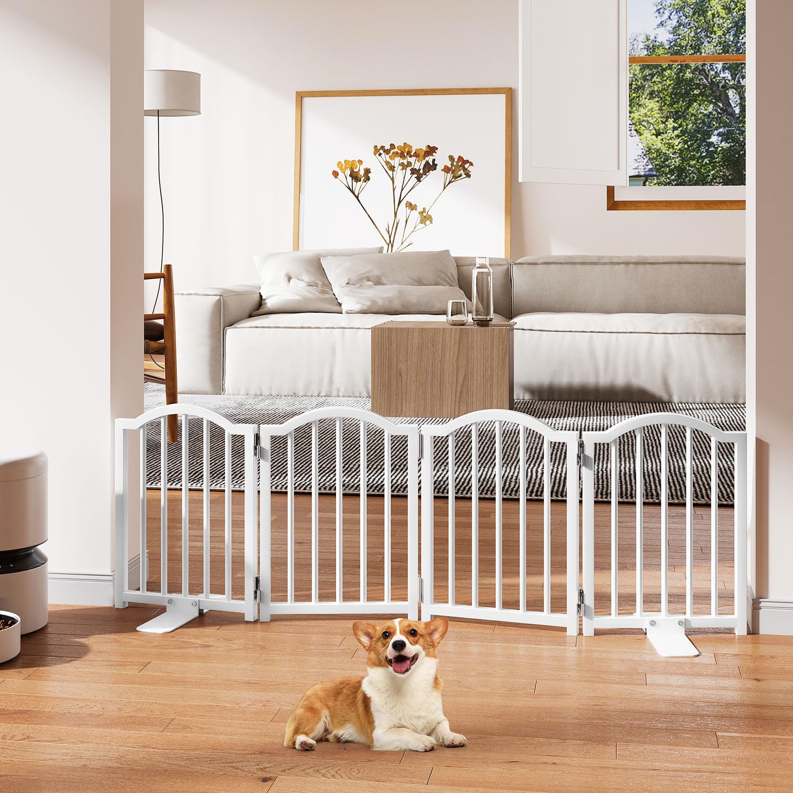 Snughome Freestanding Dog Gate - 16" High, 4 Panel, Expands to 48", Metal, White, Model 0811PSDD