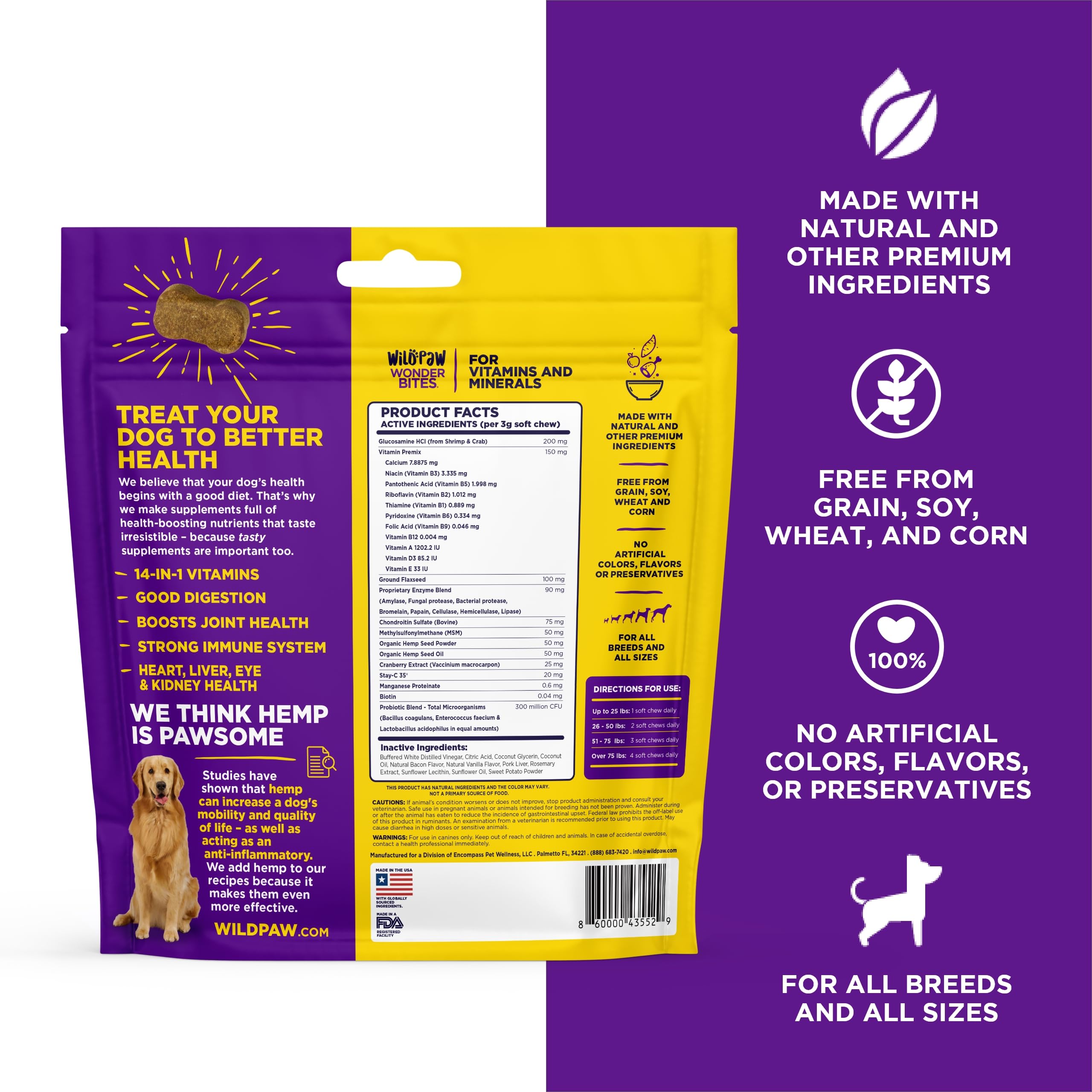 WildPaw WonderBites for Vitamins & Minerals - Essential Probiotic Supplement for Dog Care - Soft Chew Dog Multivitamin - Support