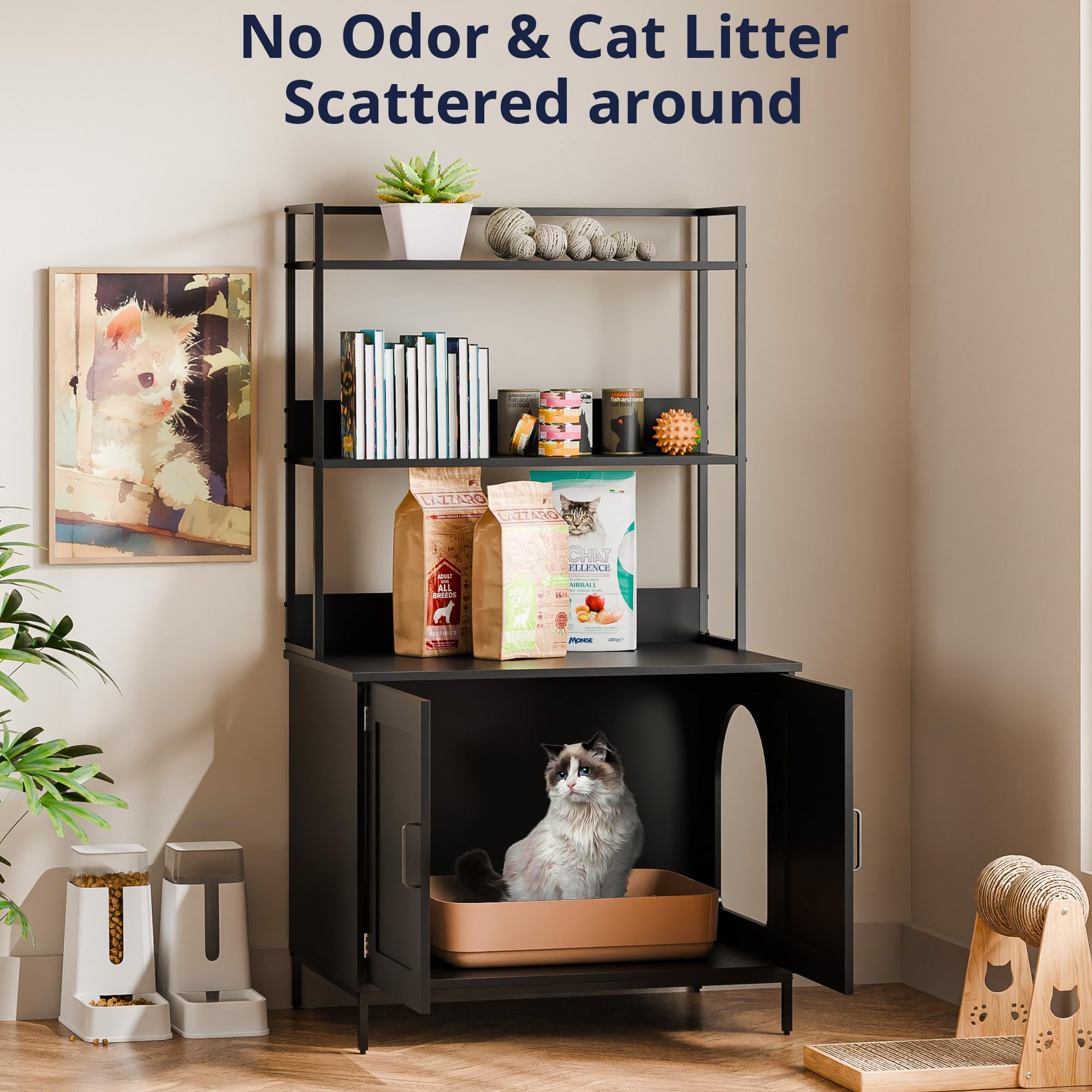 Cozy Castle Litter Box Enclosure, 57 Cat Litter Box Furniture with Large Cabinet, Shelves, Hidden Cat House for Most of Litter