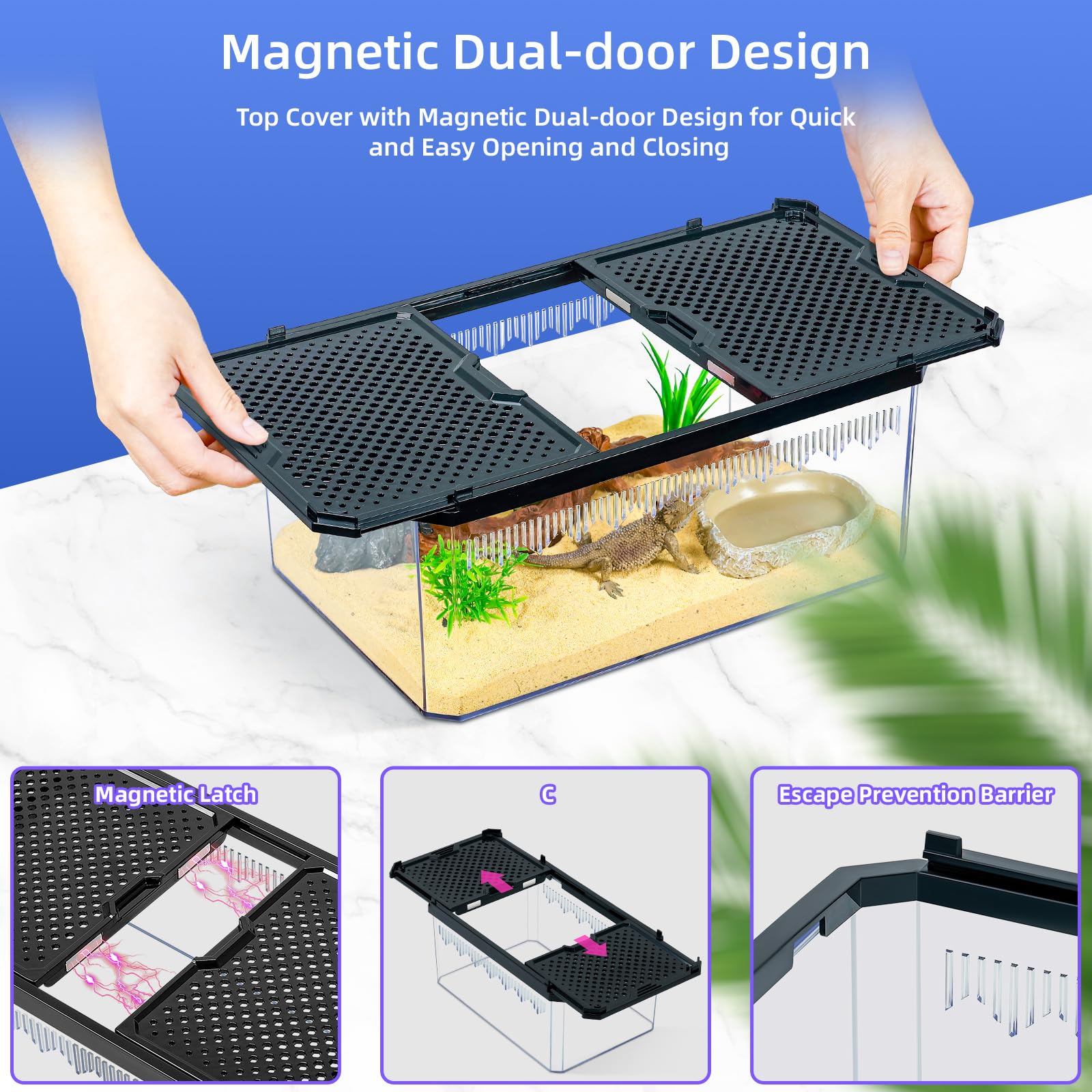 High-Transparency Reptile & Insect Enclosure Terrarium with Magnetic Door, Excellent Ventilation, Easy Cleaning, and Strong, Lon