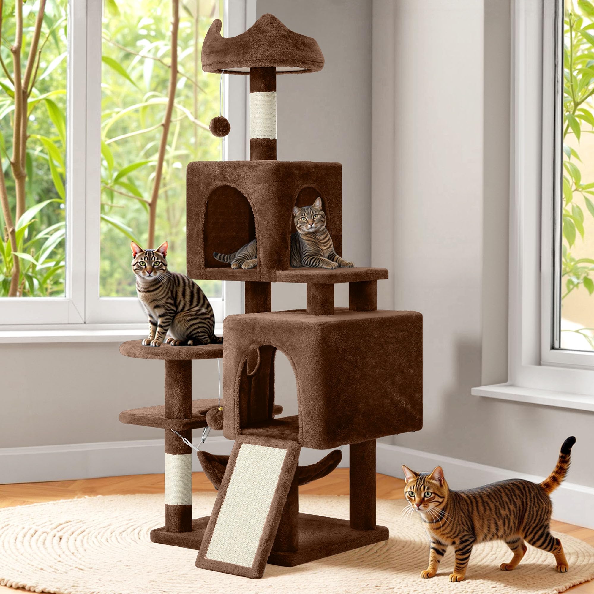 Yitahome 54In Cat Tree Tower Condo, Multi-Level With Sisal Scratching Post, Cat Condos, Plush Top Perches, Hammock, Space Saving
