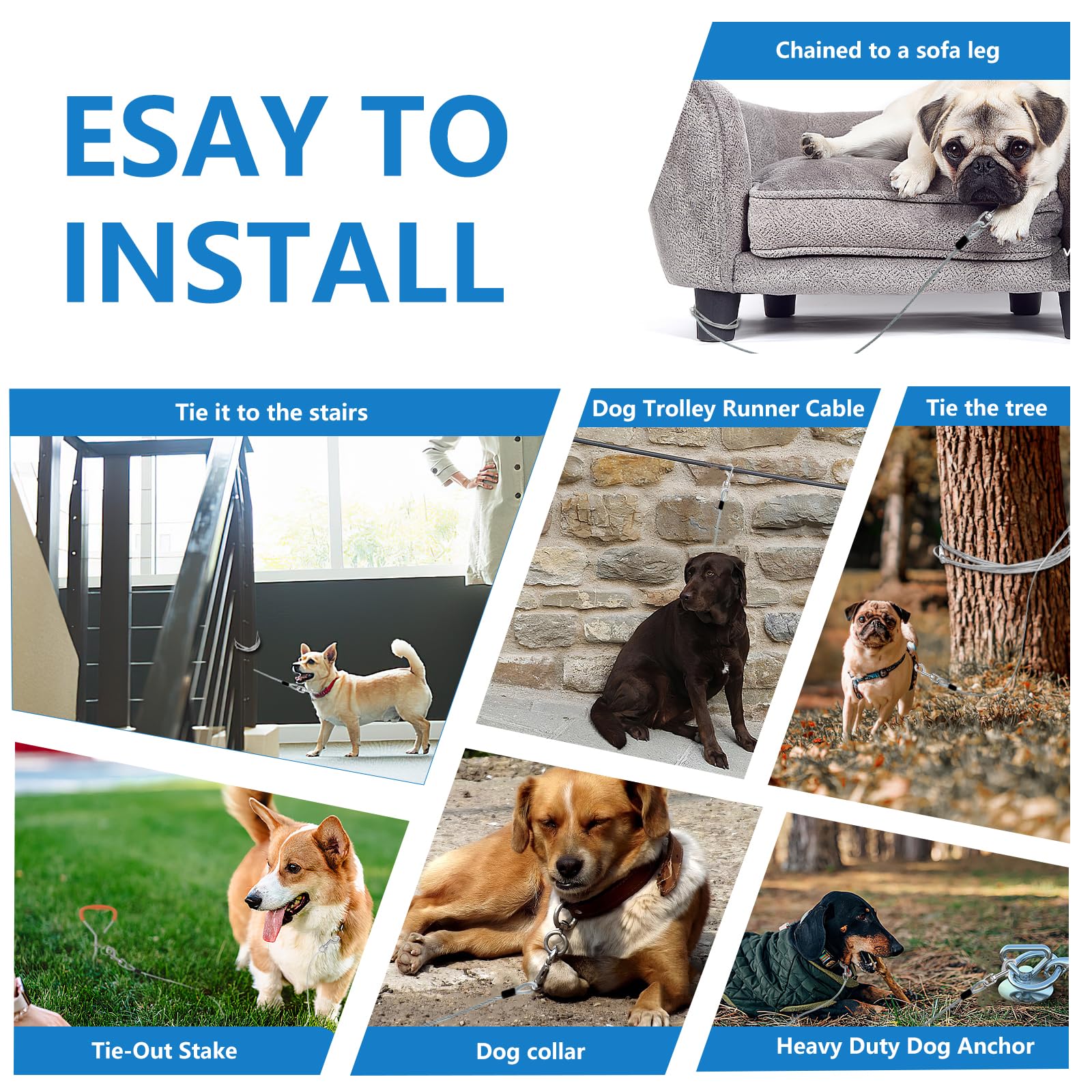 15Ft Tie Out Cable For Large Dogs Up To 250 Pounds Heavy Duty, Dog Runner For Yard And Camping, Silver