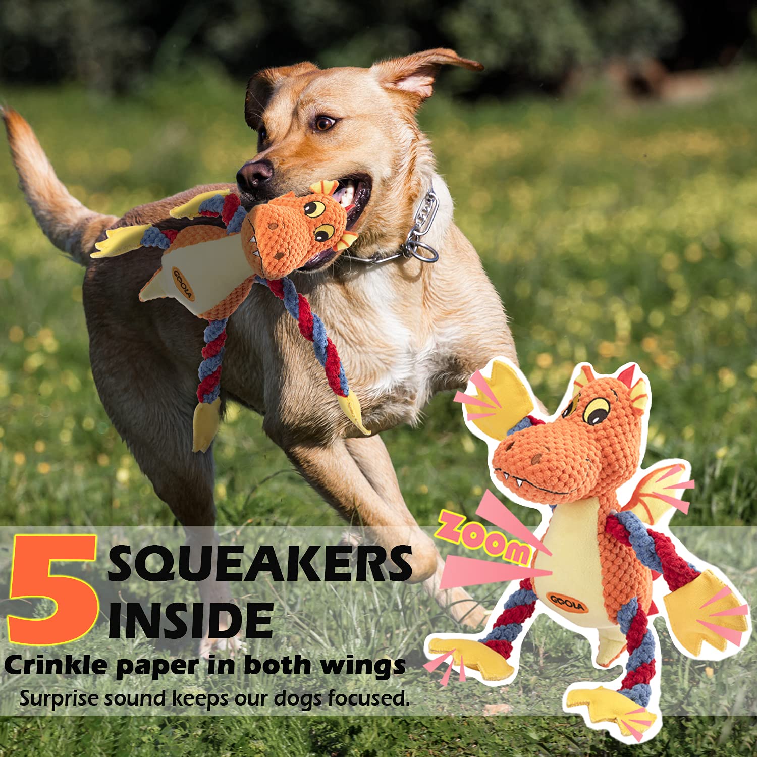 Goola Dog Squeaky Toys, Cute Dragon Interactive Plush Stuffed Toy With 5 Squeakers And Crinkle Paper,Pet Rope Chew Toy For Puppy