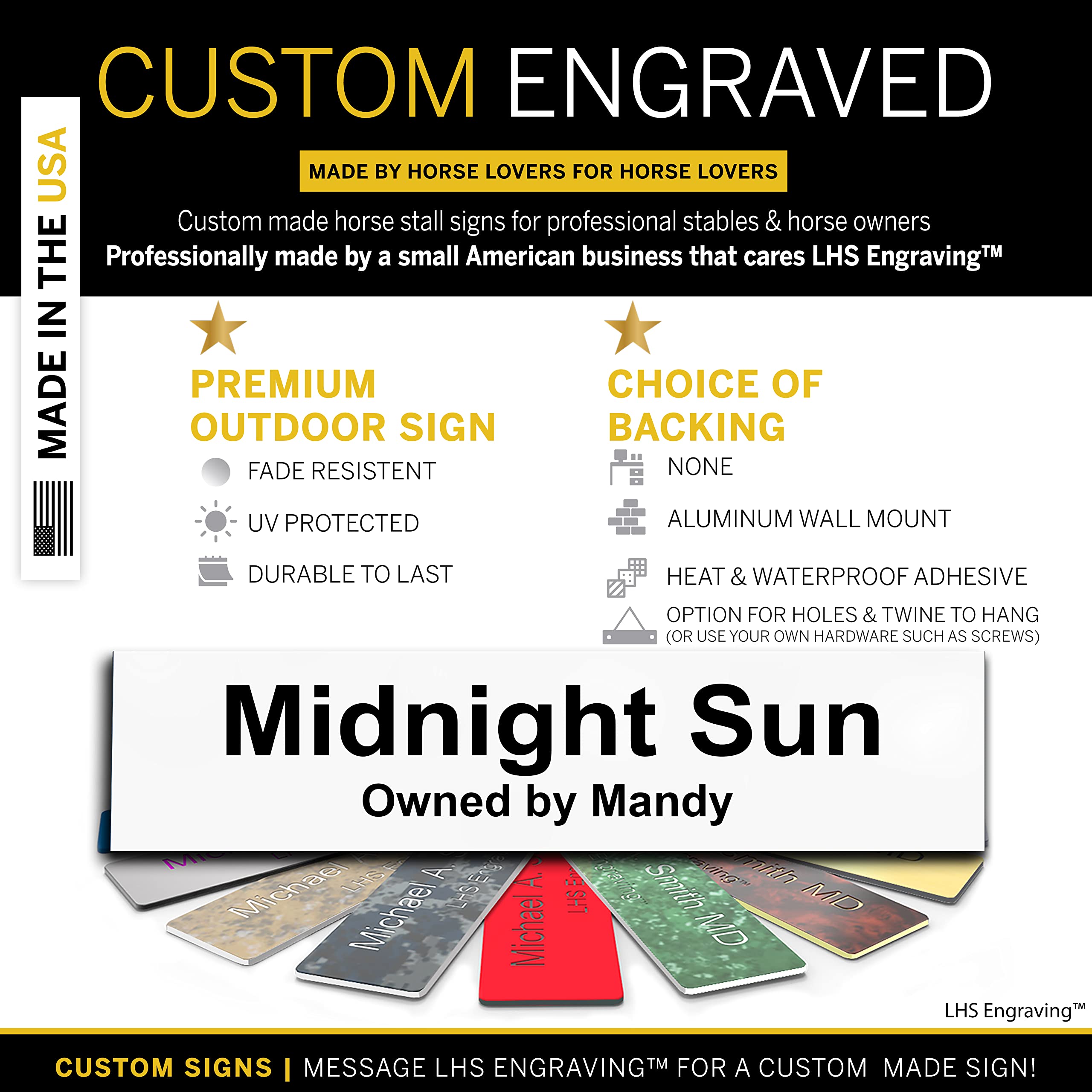 Lhs | Personalized Horse Stall Name Plates, 2X8 Horse Stall Signs With Adhesive, All Weather Uv Protected, White Plastic Black L