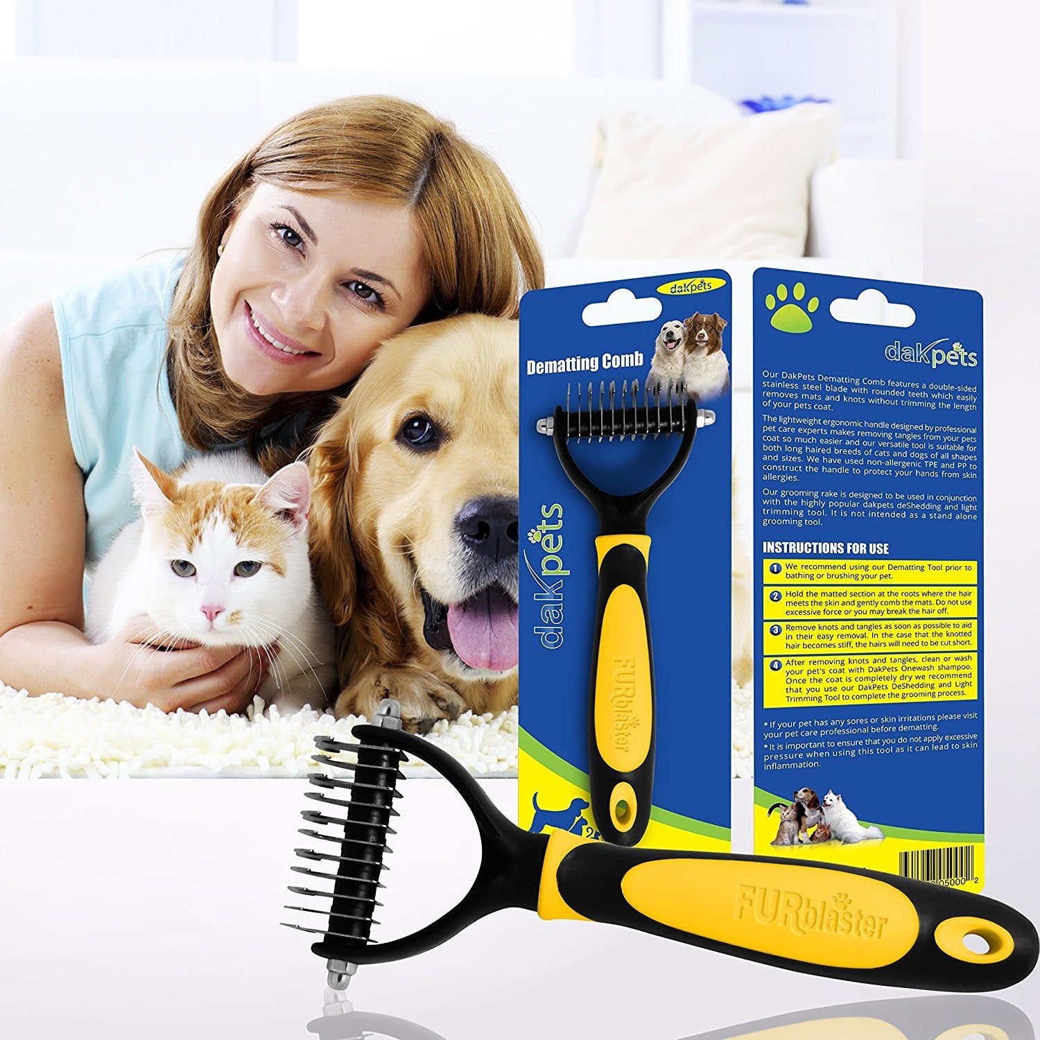Dakpets All-In-One Pet Grooming Tool | Metal Undercoat Rake, Dematting & Detangling Comb, Fur Shedding Blade, And Grooming Brush | For Medium To Long-Haired Pets