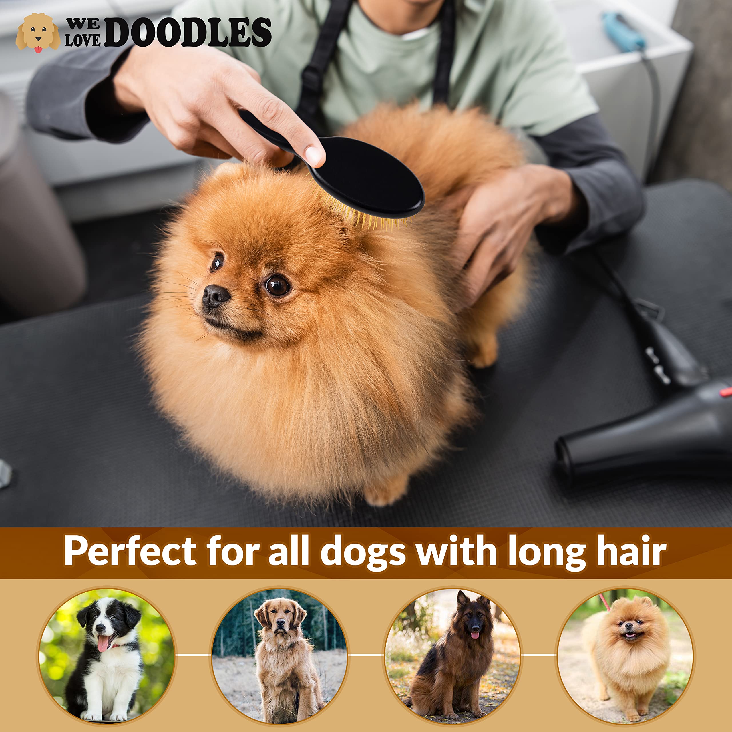 Pet Grooming Detangler Pin Dog Brush For Shedding And Removing Loose Fur, Lightweight Beech Wood With Gold Plated Pins For Long