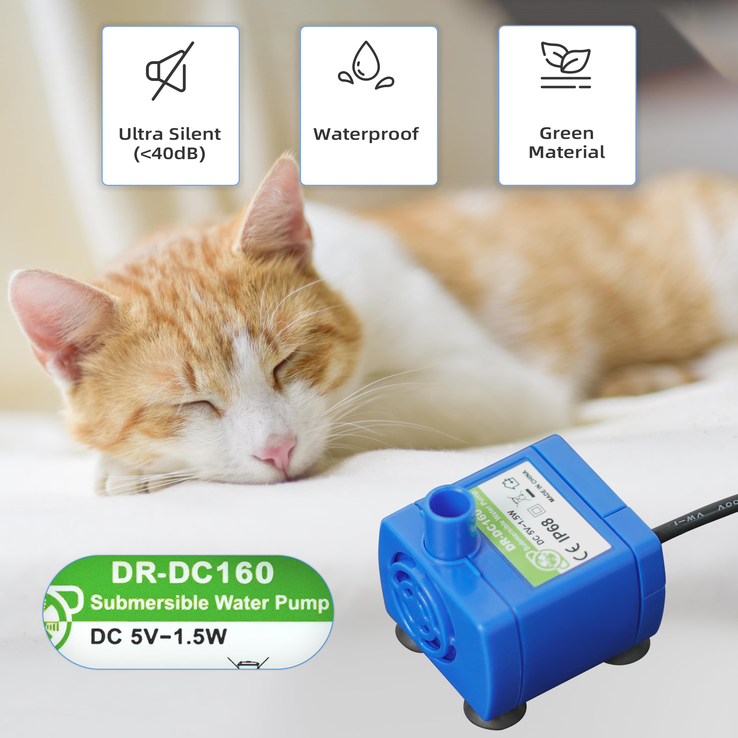 Supersuki Cat Water Fountain Pump DR-DC 160 with LED Light - Submersible Pet Water Dispenser Replacement for Stainless Steel & Ceramic Fountains