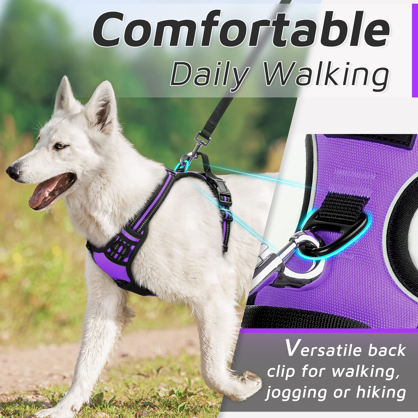 Eagloo Dog Harness Large Breed, No Pull Service Vest With Reflective Strips And Control Handle, Adjustable And Comfortable For Easy Walking, No Choke Pet Harness With 2 Metal Rings, Purple, Xl
