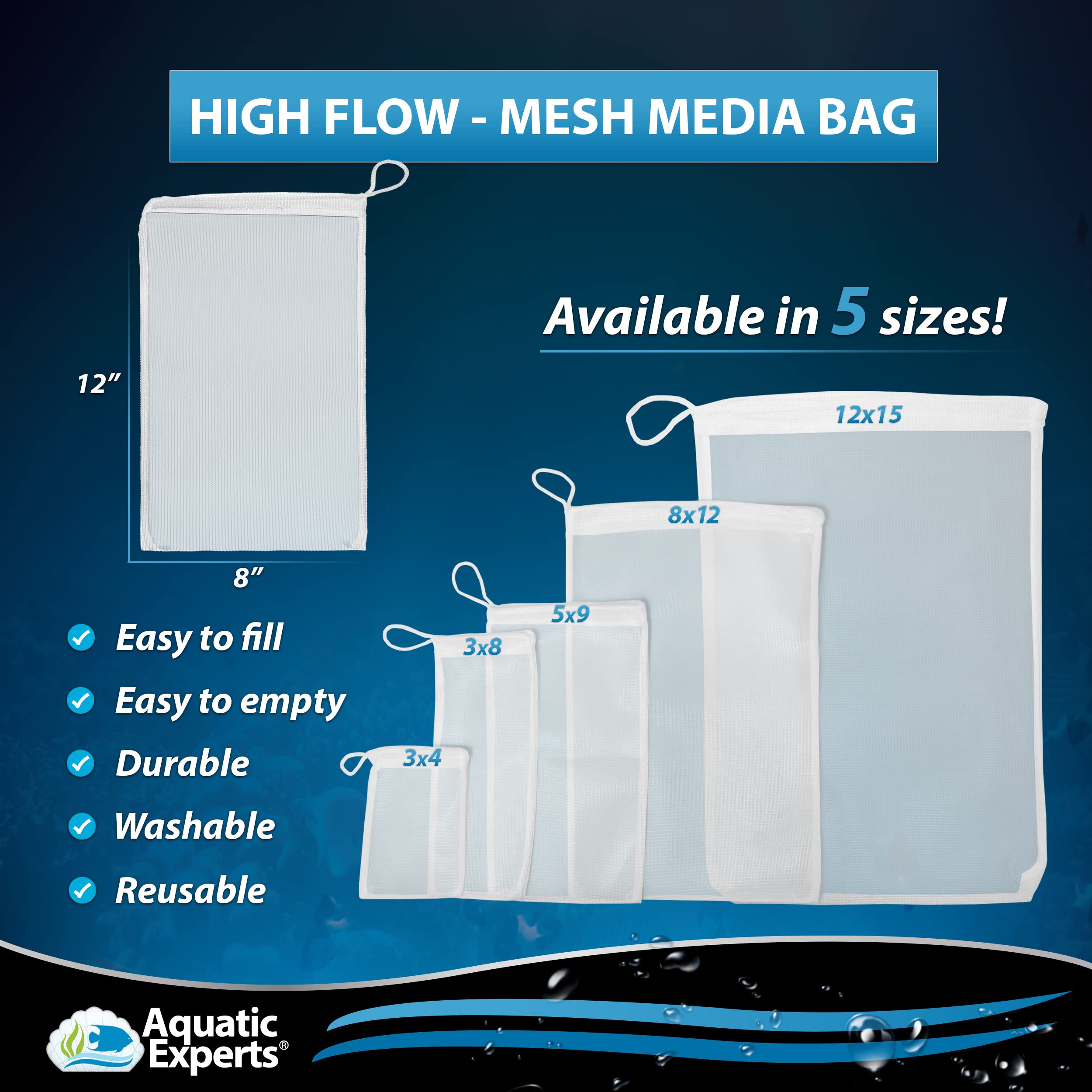 Aquatic Experts High Flow Filter Media Bag - Durable Filter Bags For Fish Tank, Secure Aquarium Media Bag With Drawstring, Media Bags For Aquarium And Pond, High Flow (White), 8” X 12” – 3 Pack