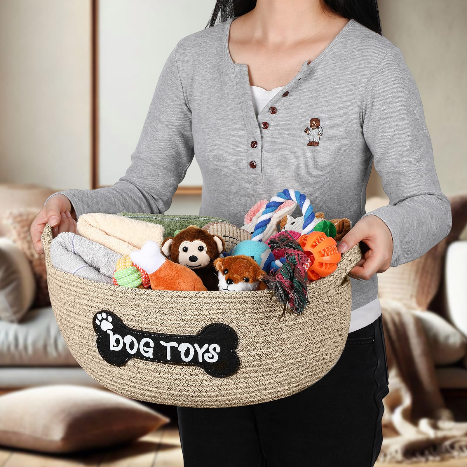 Teenyyou 2 Pcs Toy Basket Handwoven Cotton Rope Pet Toys Storage Cute Patch Design Chew Proof Toy Clothing Holder Organizer Box