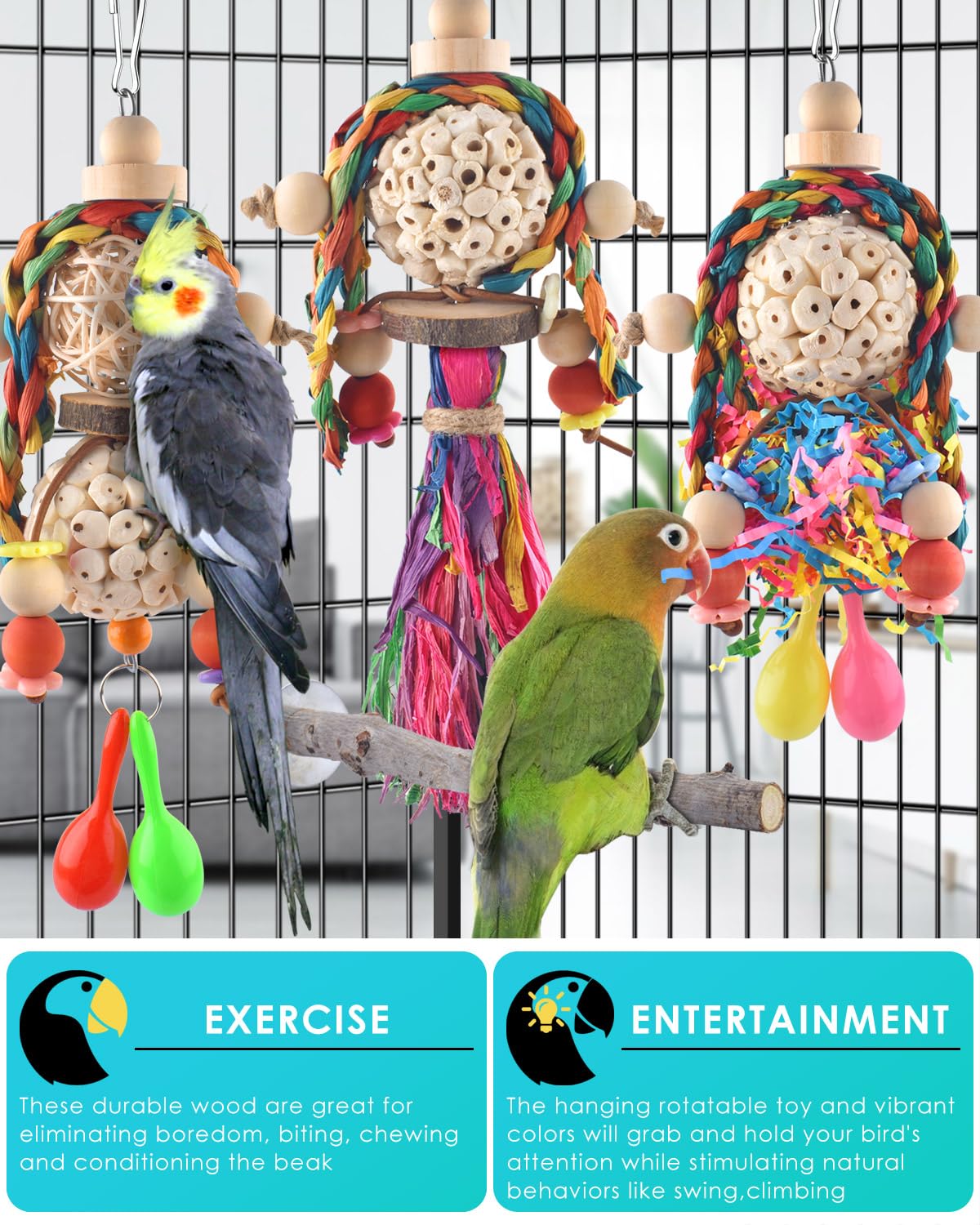 Bissap 3Pcs Bird Parrot Foraging Shredder Hanging Toys Sola Balls With Sand Hammer For Small Parrots Parakeets Conures Cockatiel
