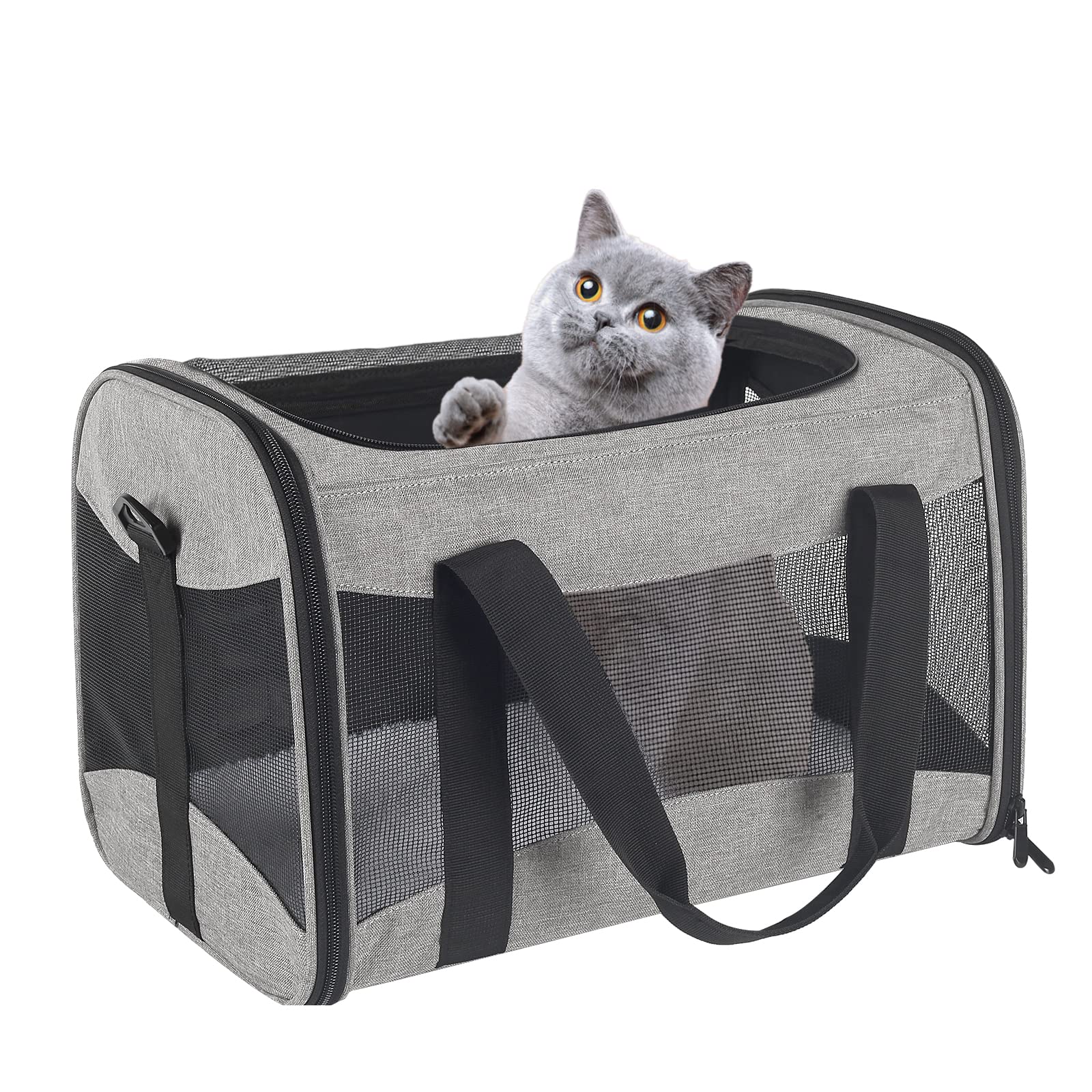 Cat Carrying Case - Pet Carrier Airline Approved, Protable And Breathable Pet Travel Carrier Removable Fleece Pad, Collapsible Cat Carrier Dog Carrier For Medium Cats Small Cats Dogs (Grey&Black M)