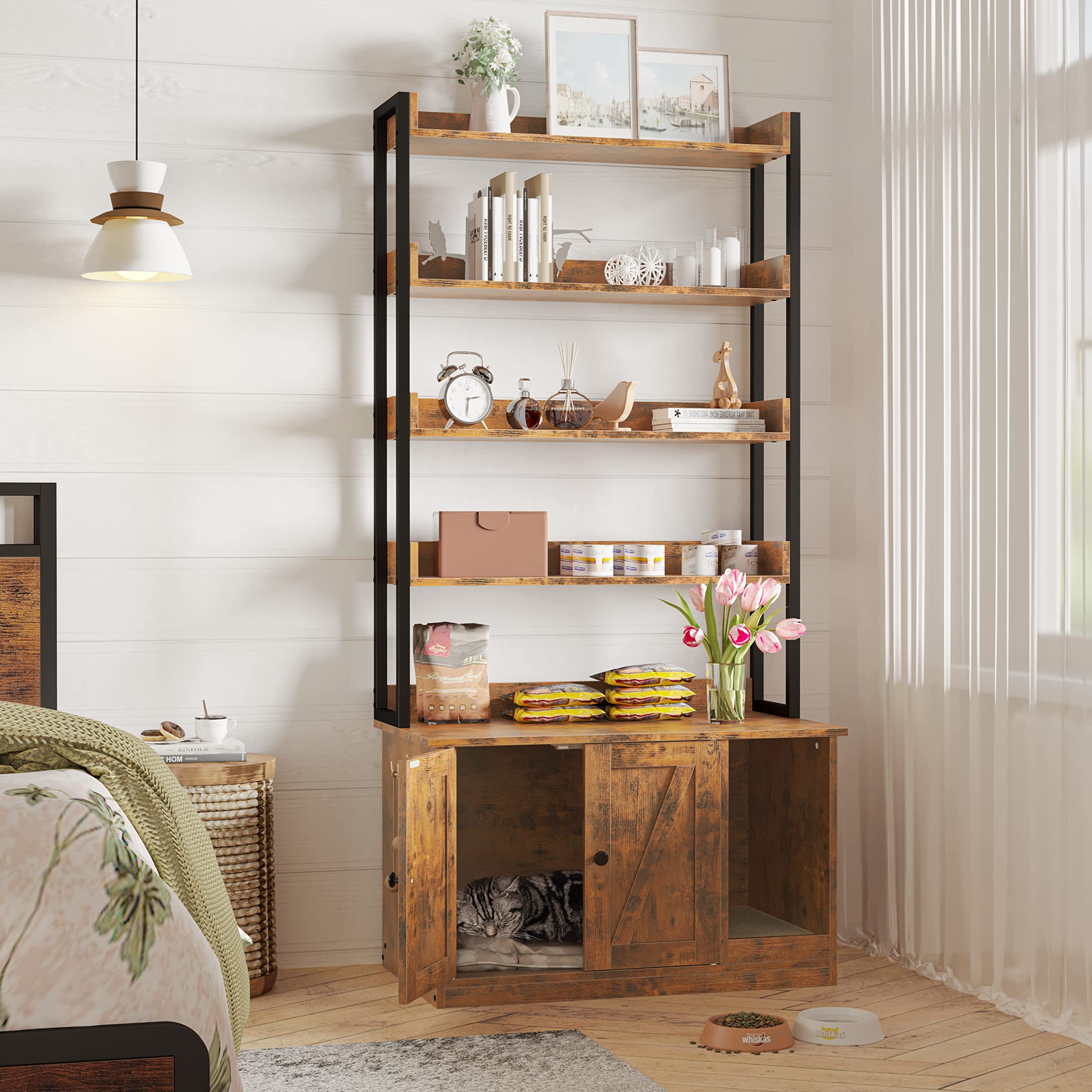 Ironck Litter Box Enclosure With 4 Shelves And Doors, Large Wood Cat Litter Box Furniture Hidden With Storage And Scratch, Fit M