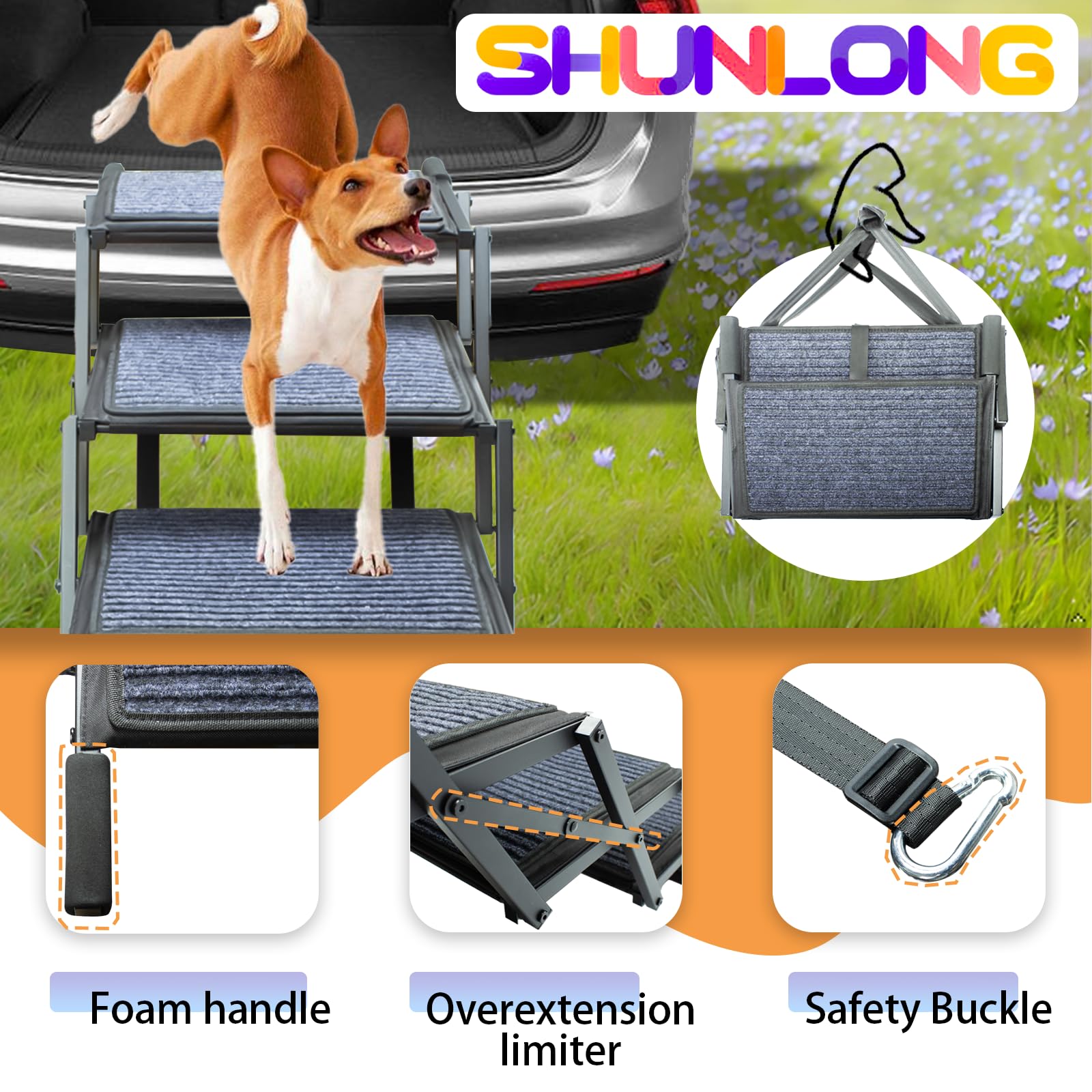 Dog Ramp for Car Truck and SUV Dog Stairs for Large Dogs Folding Pet Stairs with Non-Slip Rug Surface Supports Up to 250 lbs (6