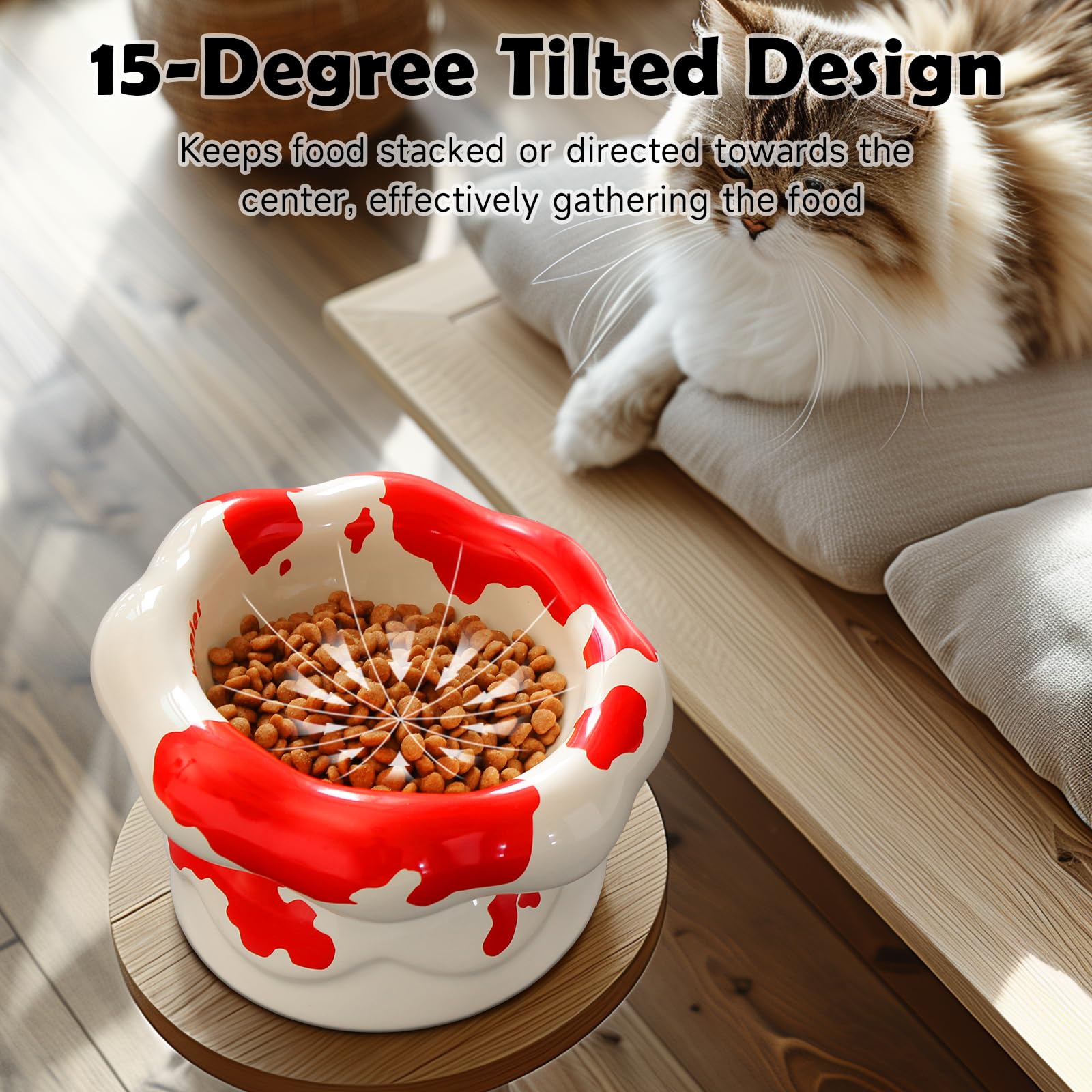 Cloud-Shaped Ceramic Cat Bowl - Elevated Raised Design For Indoor Cats & Kittens,Tilted Anti-Vomiting Shallow Dish With Spine Pr