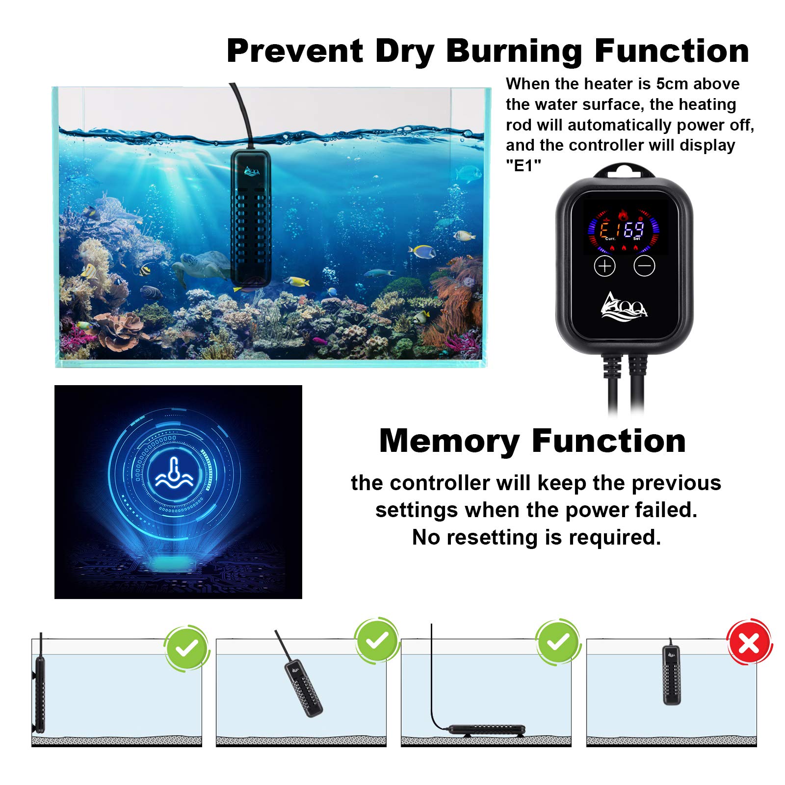 Aqqa Submersible Aquarium Heater,100W/200W/300W/500W/800W/1200W Fish Tank Heater,External Temperature Controller Led Temperature Display With 2 Suction Cups Suitable For Saltwater And Freshwater