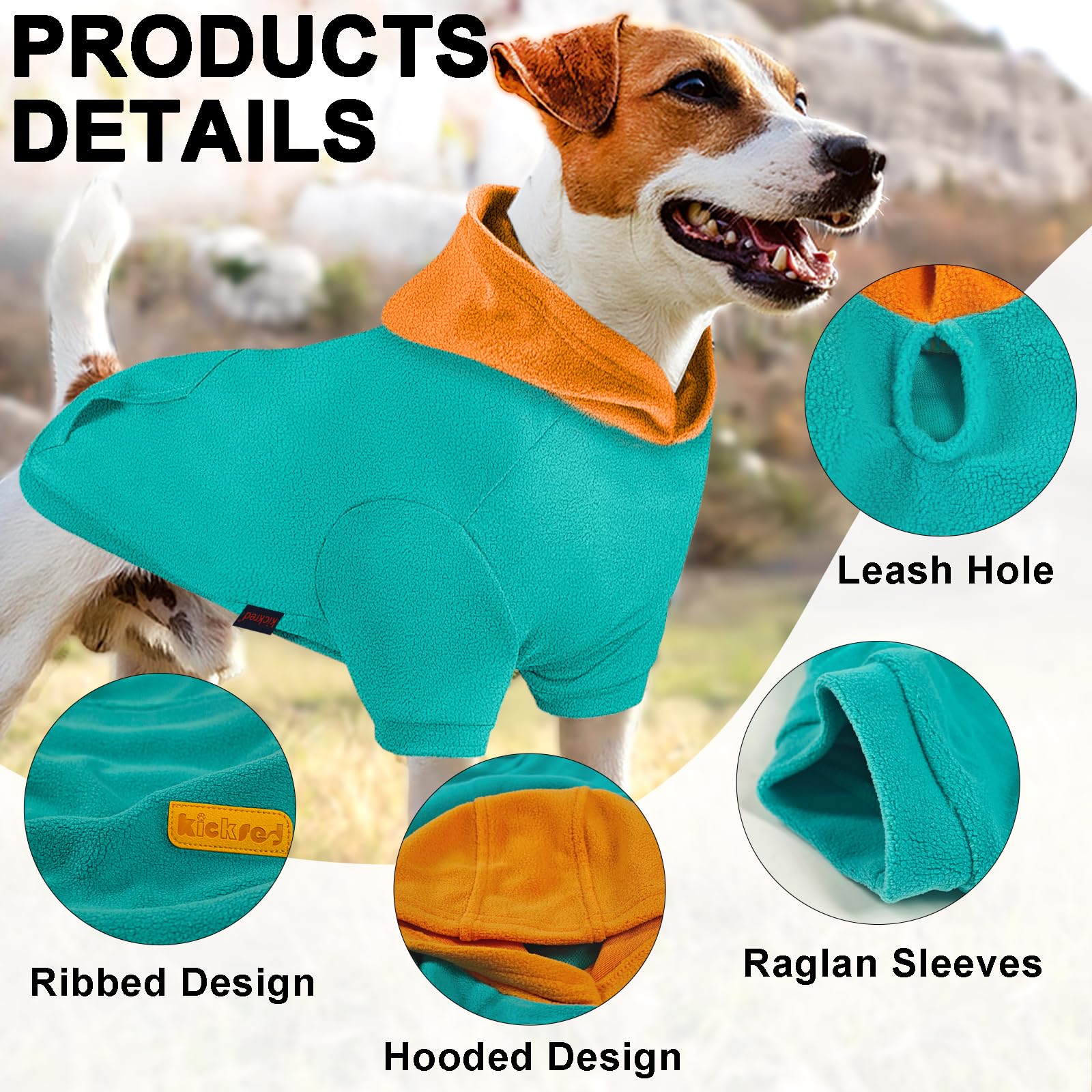 Kickred Dog Hoodie, Warm Velvet Sweatshirt for Medium Dogs, Green & Orange Color Blocking, with Hat and Leash Hole