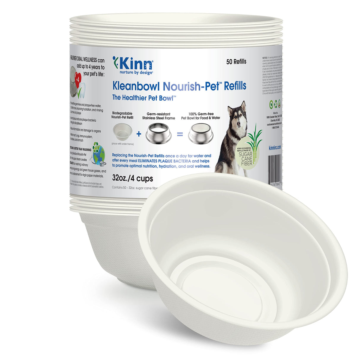 Kinn Kleanbowl Disposable Dog Food Bowls, 32 Oz (Pack Of 50) - Frame System Refills, Compostable Cat Food Bowls, Leakproof For Pet Feeding