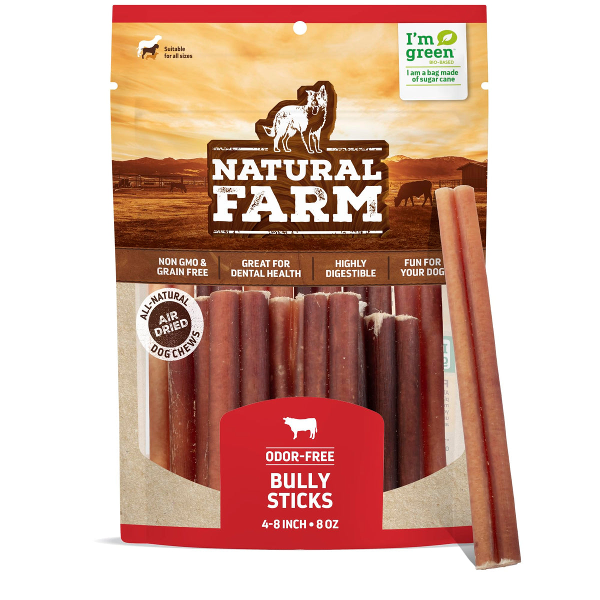 Natural Farm Odor-Free Bully Sticks (4-8”, 8Oz) All-Natural Long-Lasting Chews, 100% Beef Pizzle, Grass-Fed, Grain-Free, Hormone-Free, Protein For Muscle Development & Energy, Perfect For Medium Dogs