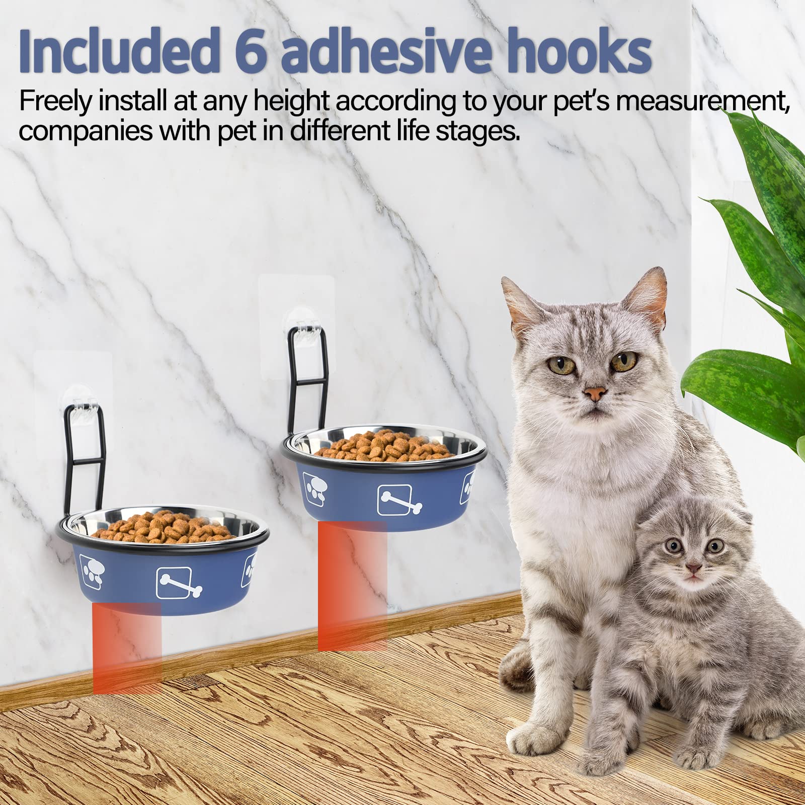 Torlam Cat Feeder, Wall Mounted, Raised Stainless Steel Bowls with Stand, Nonslip No Spill, 2 Packs (Blue)