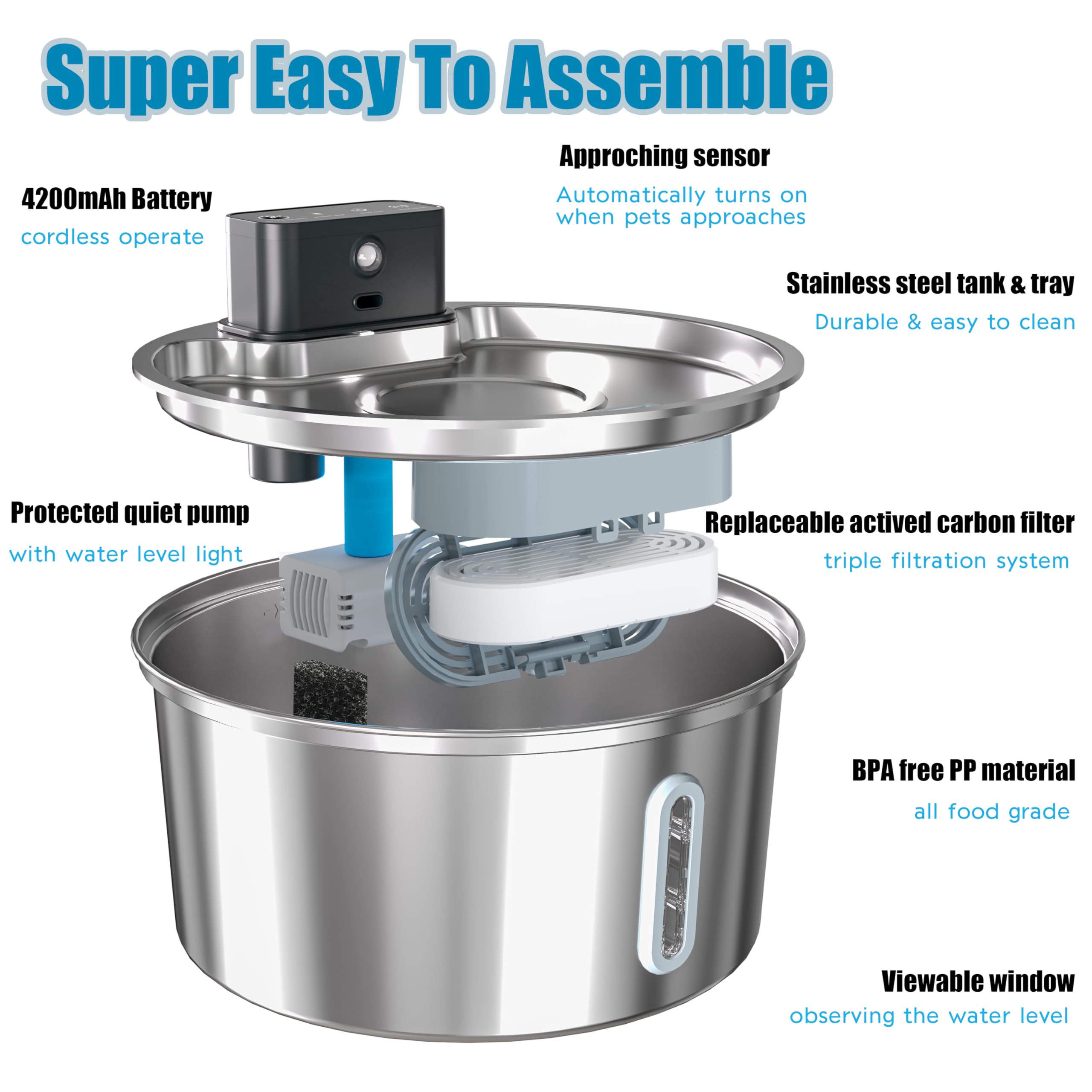 Wireless Cat Water Fountain,Stainless Steel Pet Fountain Battery Operated,3.2L Cordless Automatic Dog Water Dispenser, Quiet Ind