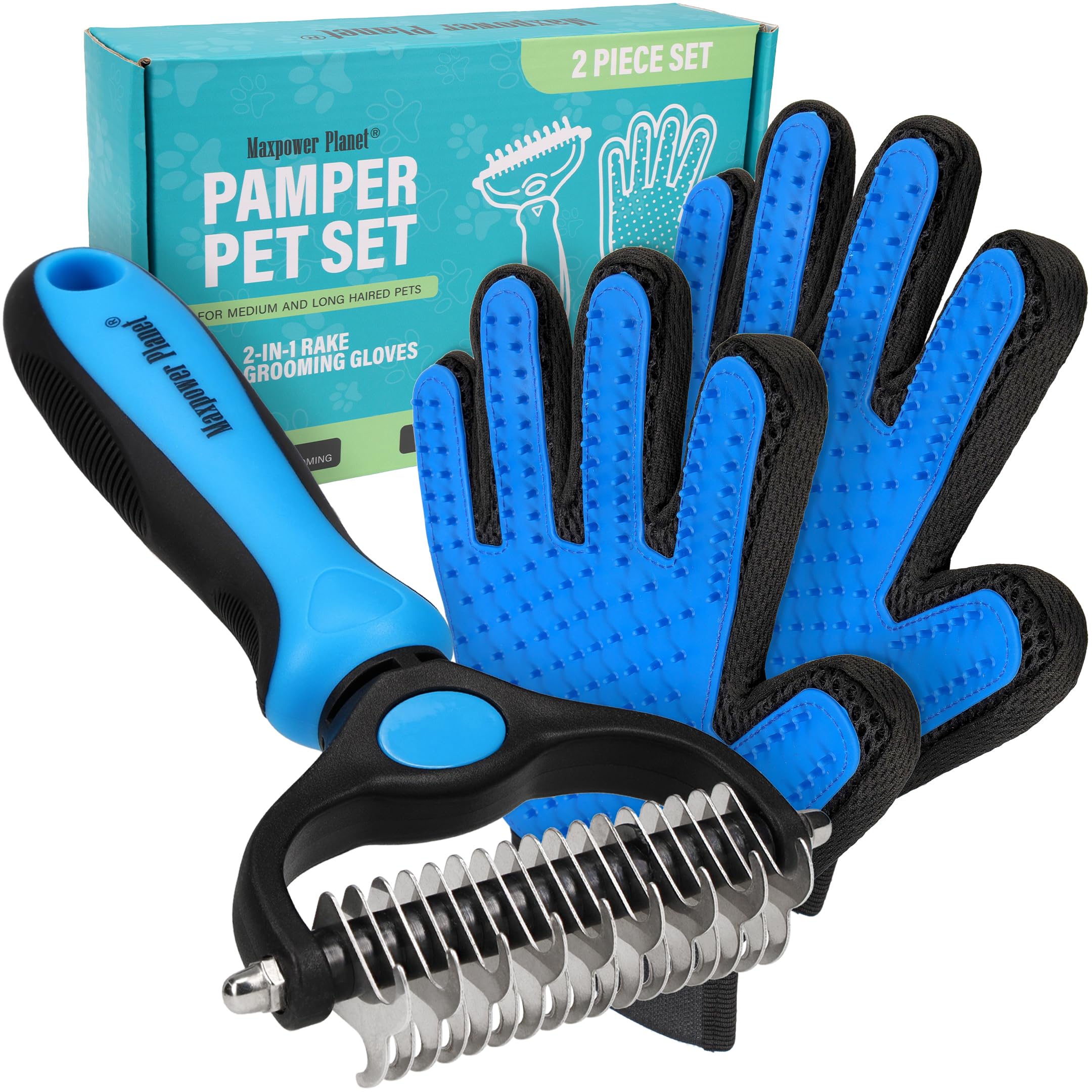 Maxpower Planet Pet Grooming Brush And 2X Grooming Gloves Combo - Double Sided Dematting, Deshedding Undercoat Rake For Dogs And