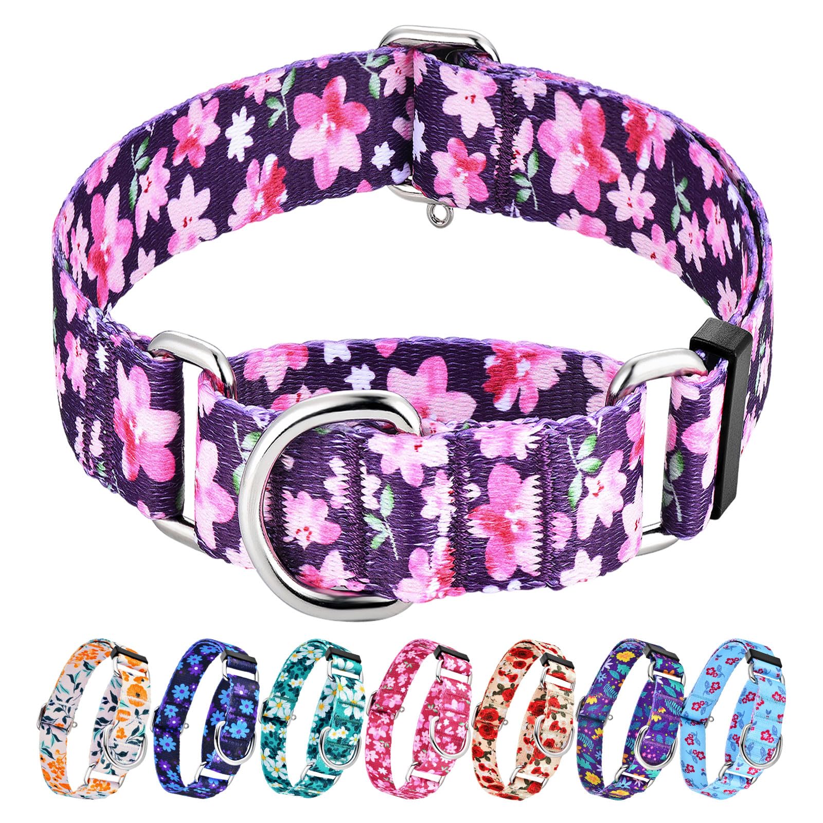 Hikiko 1.5 Inch Martingale Collar With No Buckle Heavy Duty Cute Floral Dog Collars For Medium Large Dogs,Japanese Purple