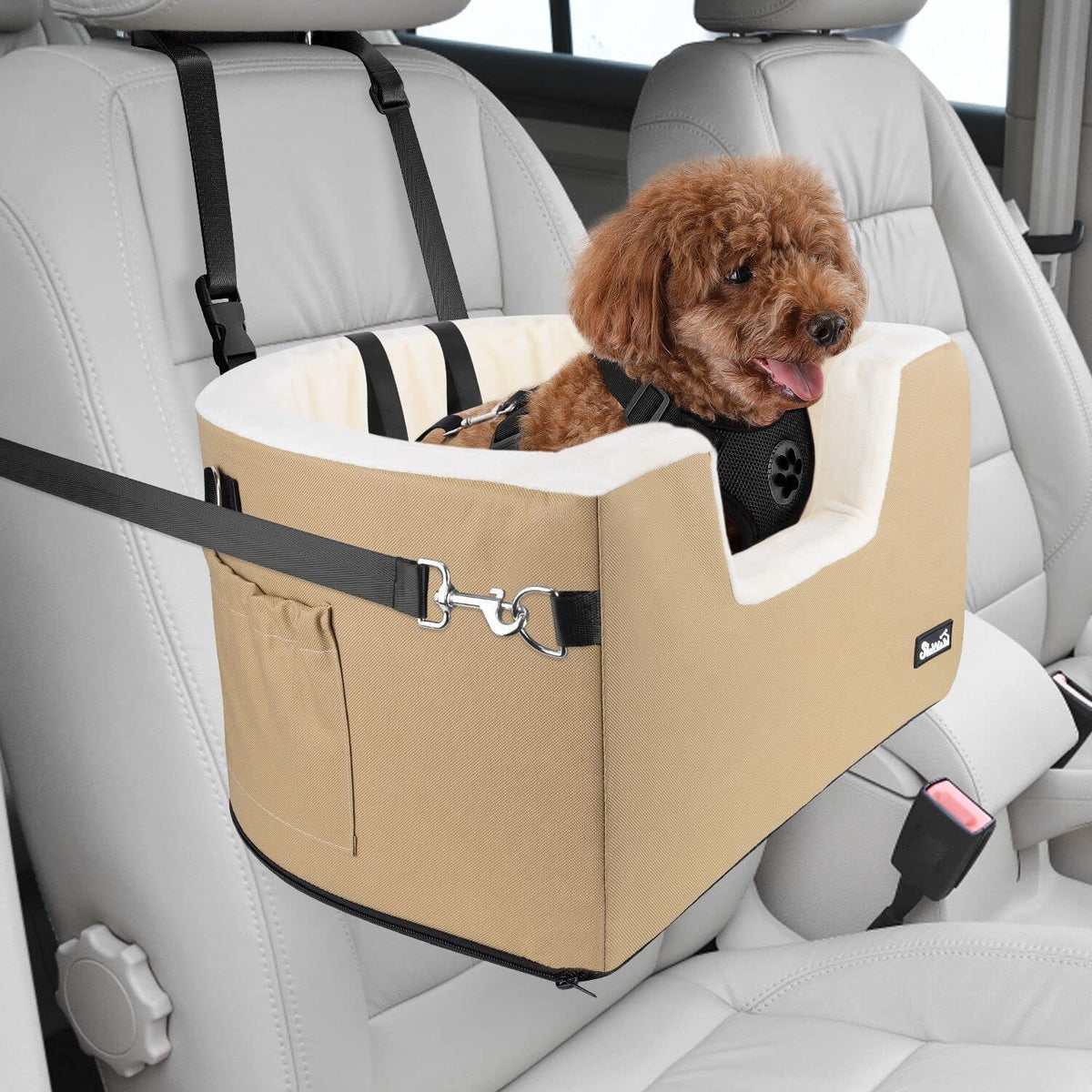 Slowton Dog Car Seat For Small Dog, Elevated Booster Seat With Cushion And Safety Belt, Cover Removable Washable, Supports Pets 