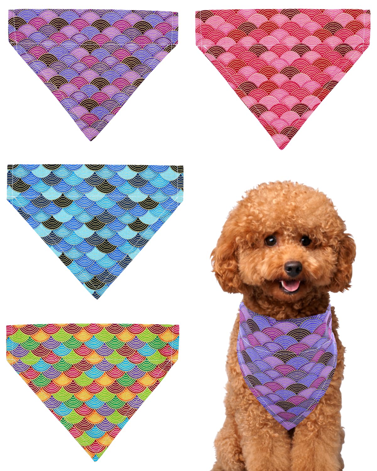 Pet Show 4 Pack Mermaid Small Dog Bandanas Slide On Collar Set Washable Wave Fish Scale Puppies Cat Scarf Bibs Slip Through Coll