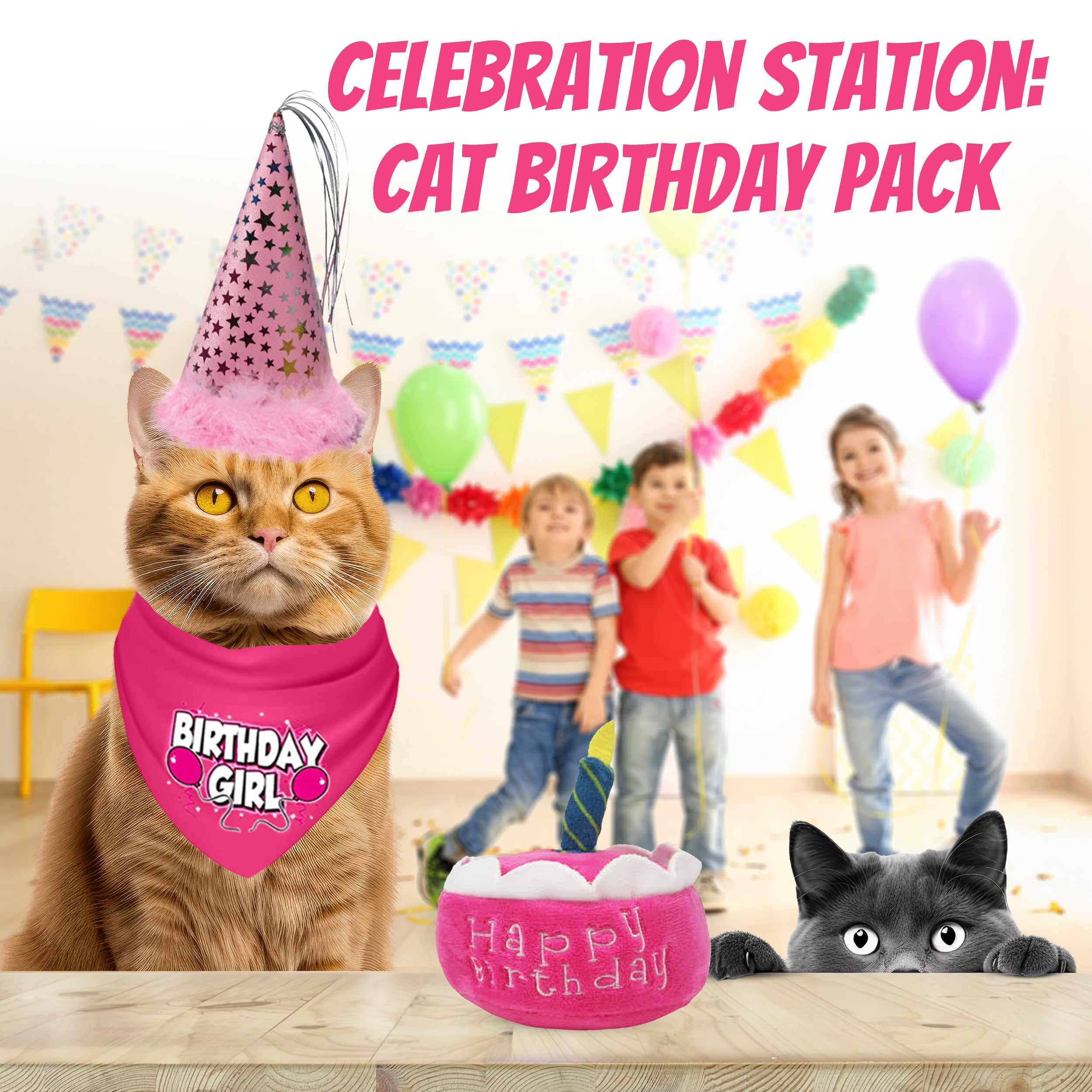 Jt Pet Cat Birthday Girl Party Pack With Bandana, Star Spangled Pink Party Hat With Adjustable Elastic, Tassels And Feathery Tri
