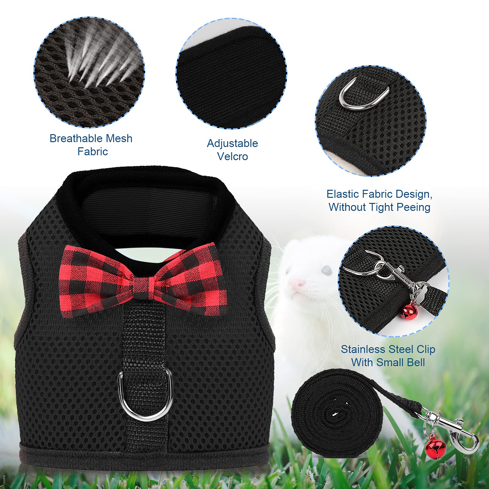 Rypet Animal Harness And Leash - Soft Mesh Pet Harness With Safe Bell, No Pull Comfort Padded Vest For Small Pet Black S