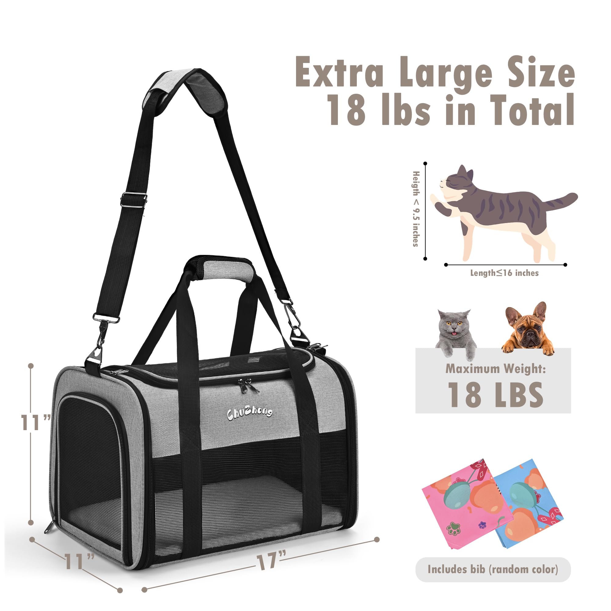 Chuzhong Cat Dog Carrier For Small Medium Cats Puppies Up To 18 Lbs(Grey),Soft Sided Cat Bag Airline Approved,Collapsible Pet Tr