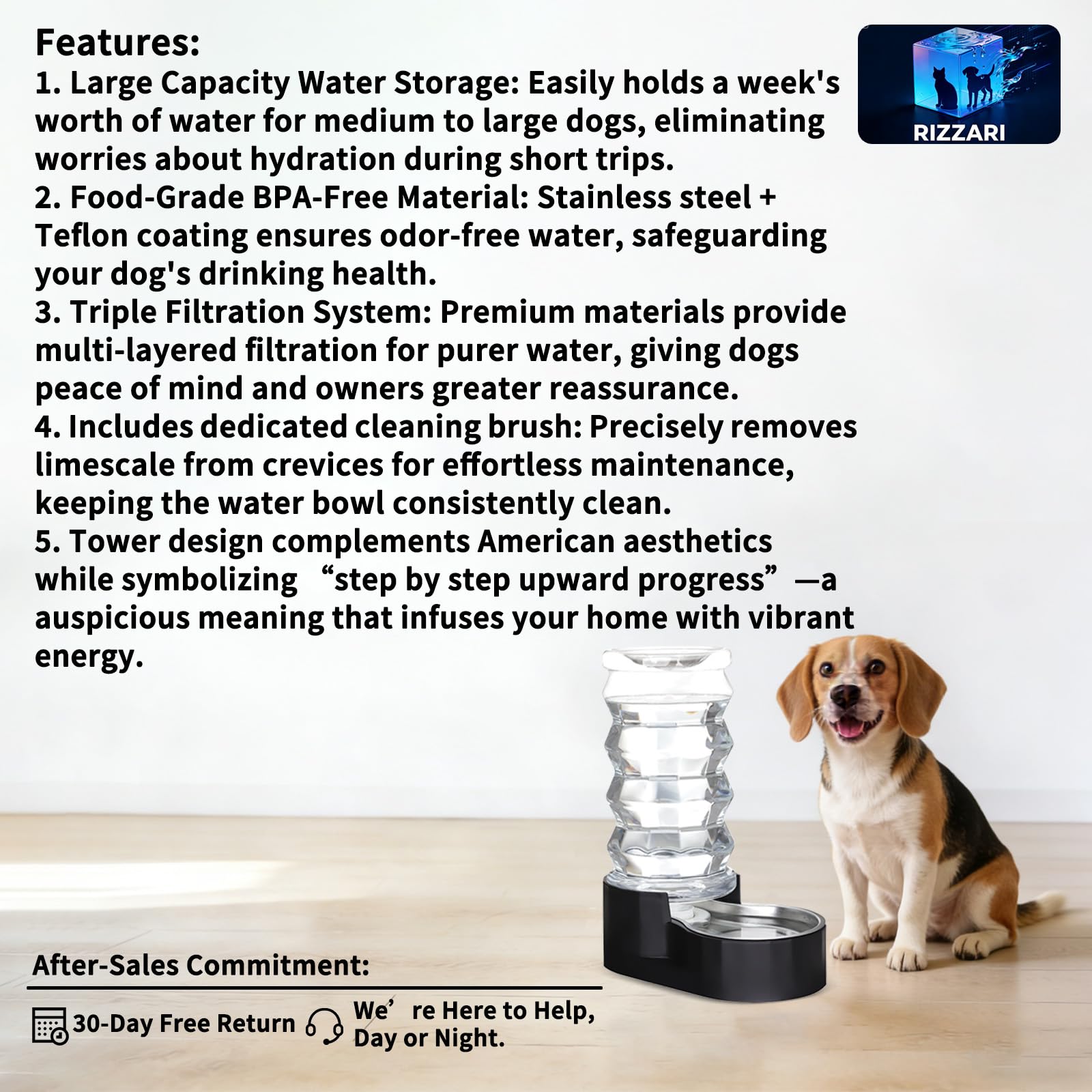 RIZZARI Dog Water Dispenser Bowl: 8L Large Black Stainless Steel Automatic Pet Dispenser with Triple Filter and Specialized Brus