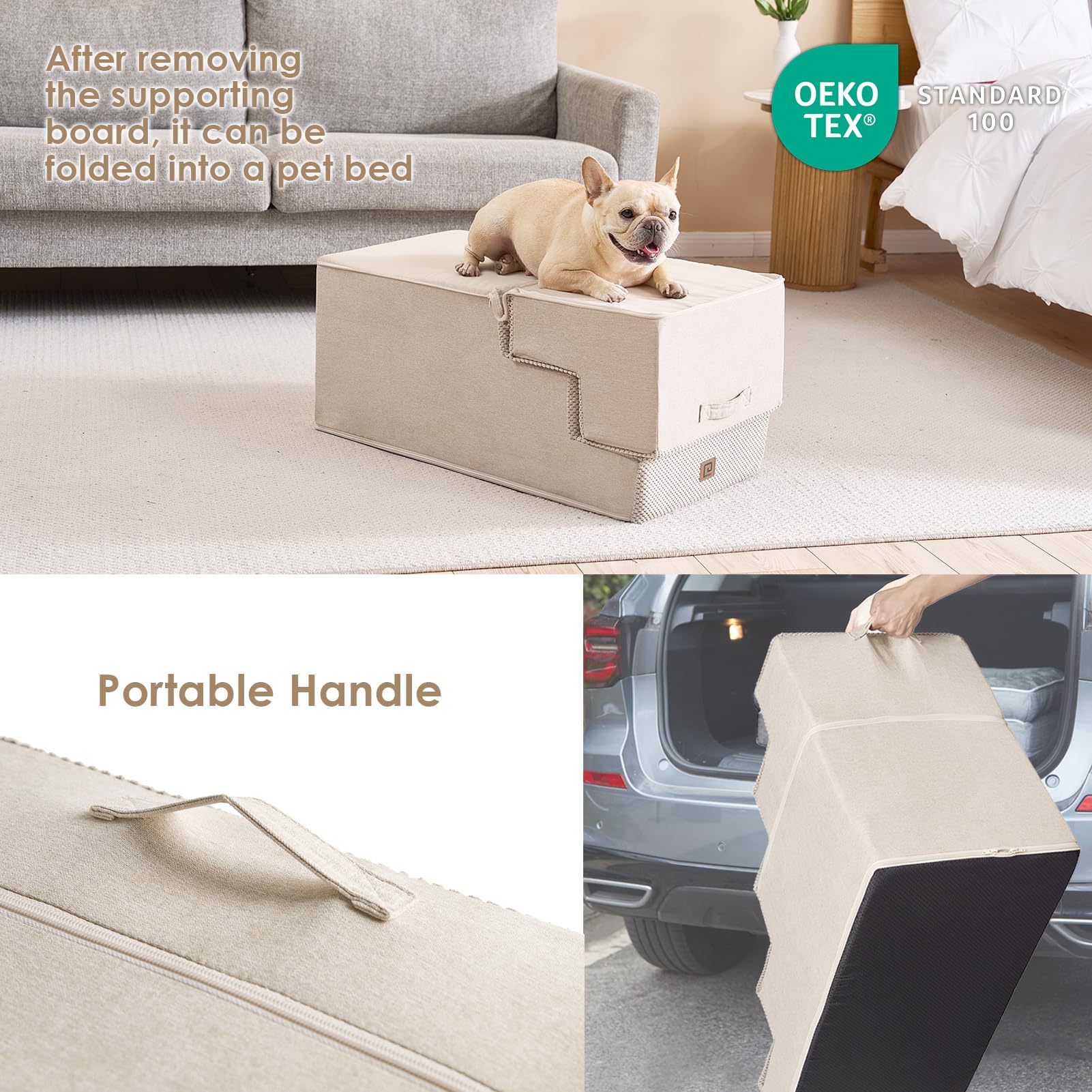 Eheyciga Dog Stairs For High Bed 22.5”H, 5-Step Dog Steps For Bed, Pet Steps For Small Dogs And Cats, Non-Slip Balanced Dog Indoor Ramp, Beige