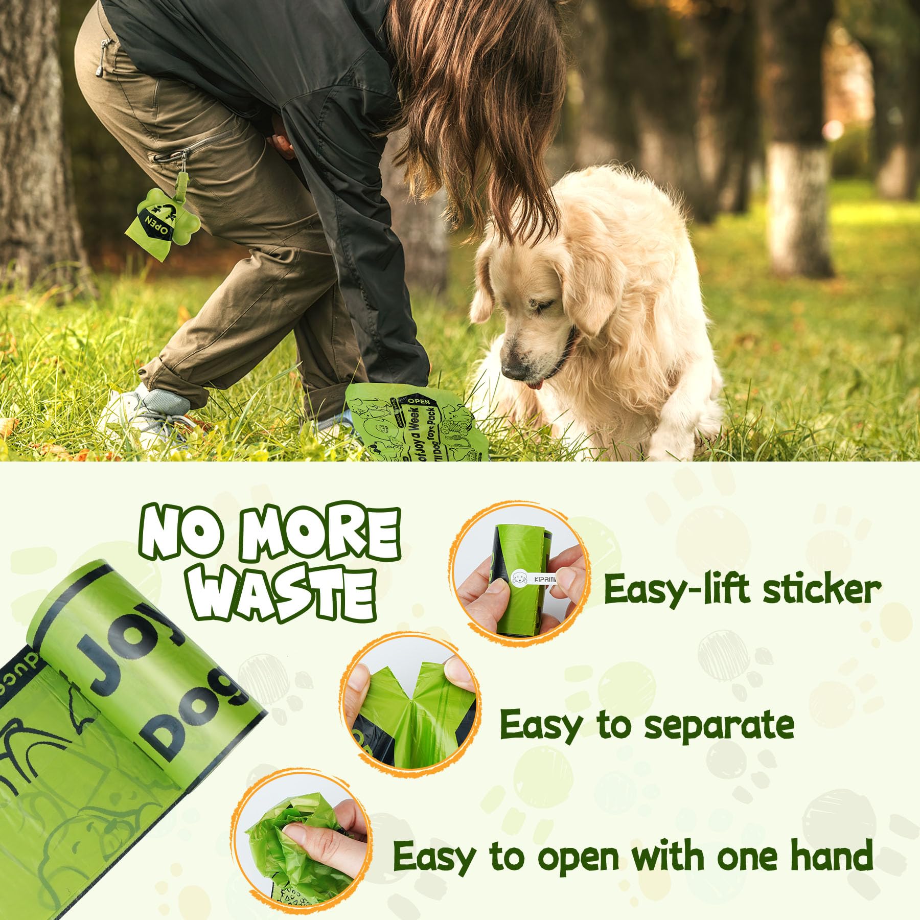 Kipritii Strong-Endurance Dog Poop Bag Set With Dispenser & Leash Clip, Thick Waste Poop Bags For Puppy/Small/Medium/Large Dog & Cat