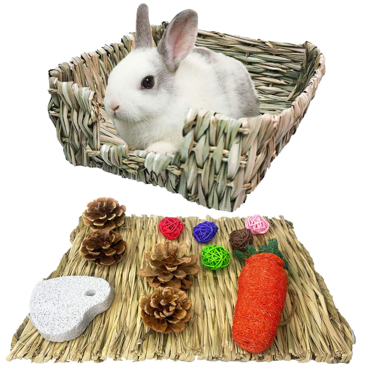 Kathson Bunny Grass Bed Portable Grass Bed Mat Hand-Made With Natural Straw Lightweight Paws Protection Bedding Nest Small Animals Chew Toys For Rabbit Guinea Pig Hamster Gerbil Chinchilla Mice