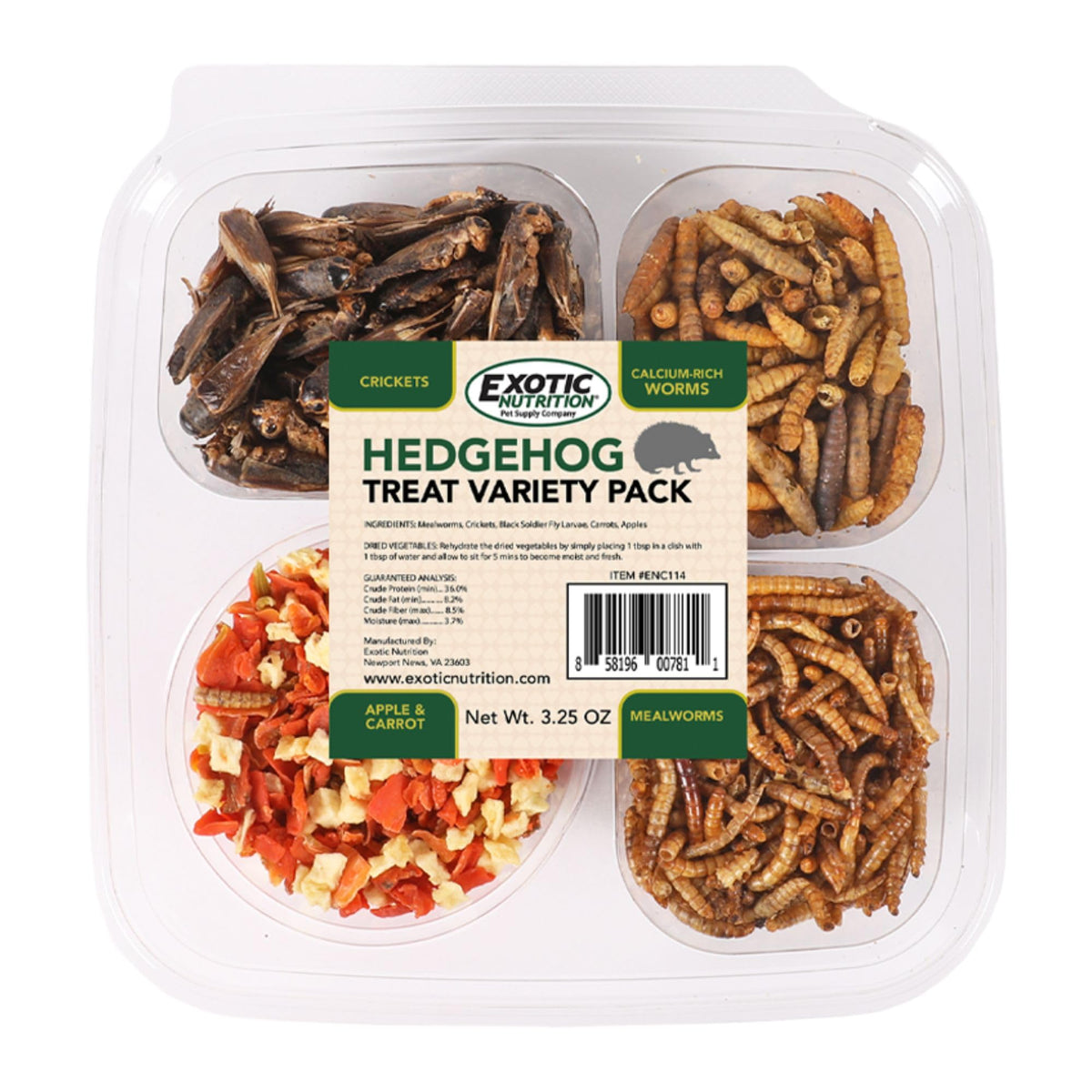 Hedgehog Treat Variety Pack - Healthy Natural Treat Assortment - Dried Mealworms, Dried Black Soldier Fly Larvae, Dried Crickets, Dried Apples & Carrots - Sampler Variety Value Package