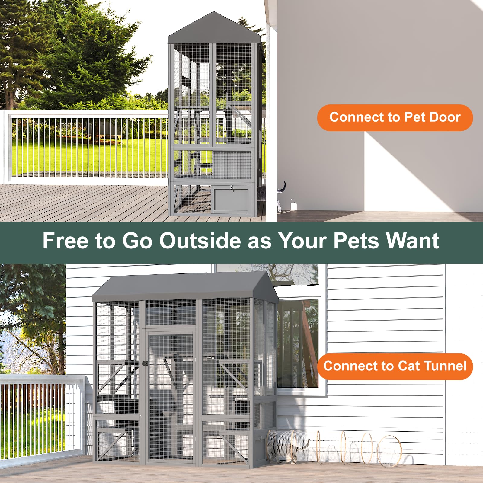 Timhaka Catio Outdoor Cat Enclosure, Large Cat House For Winter With Weatherproof Cover, Solid Wood Feral Cat Shelter With 7 Pla