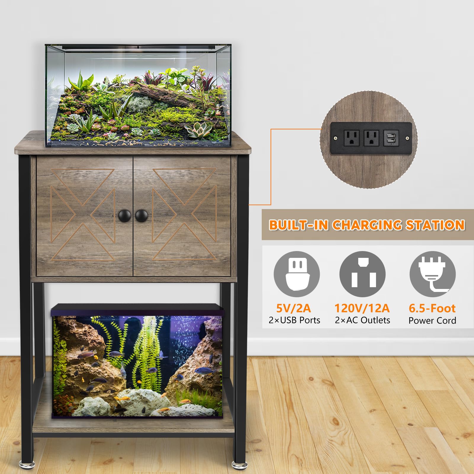 5-10 Gallon Fish Tank Stand, Heavy Duty Aquarium Stand with Cabinet & Power Outlets for Fish Tank Accessories Storage, Double Ta