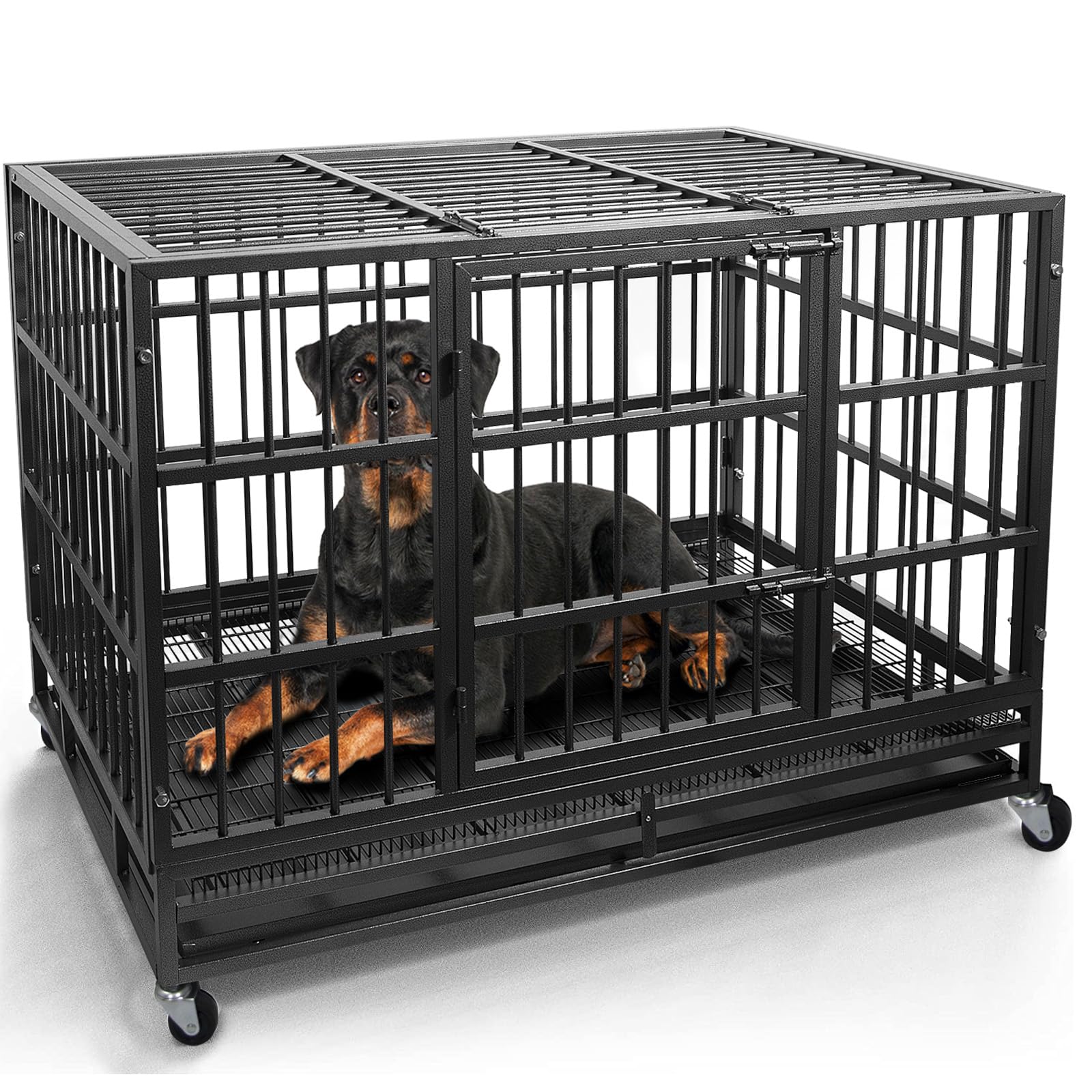 Otaid 48 Inch Heavy Duty Dog Crate Cage Kennel With Wheels, High Anxiety Indestructible Dog Crate, Sturdy Locks Design, Double D