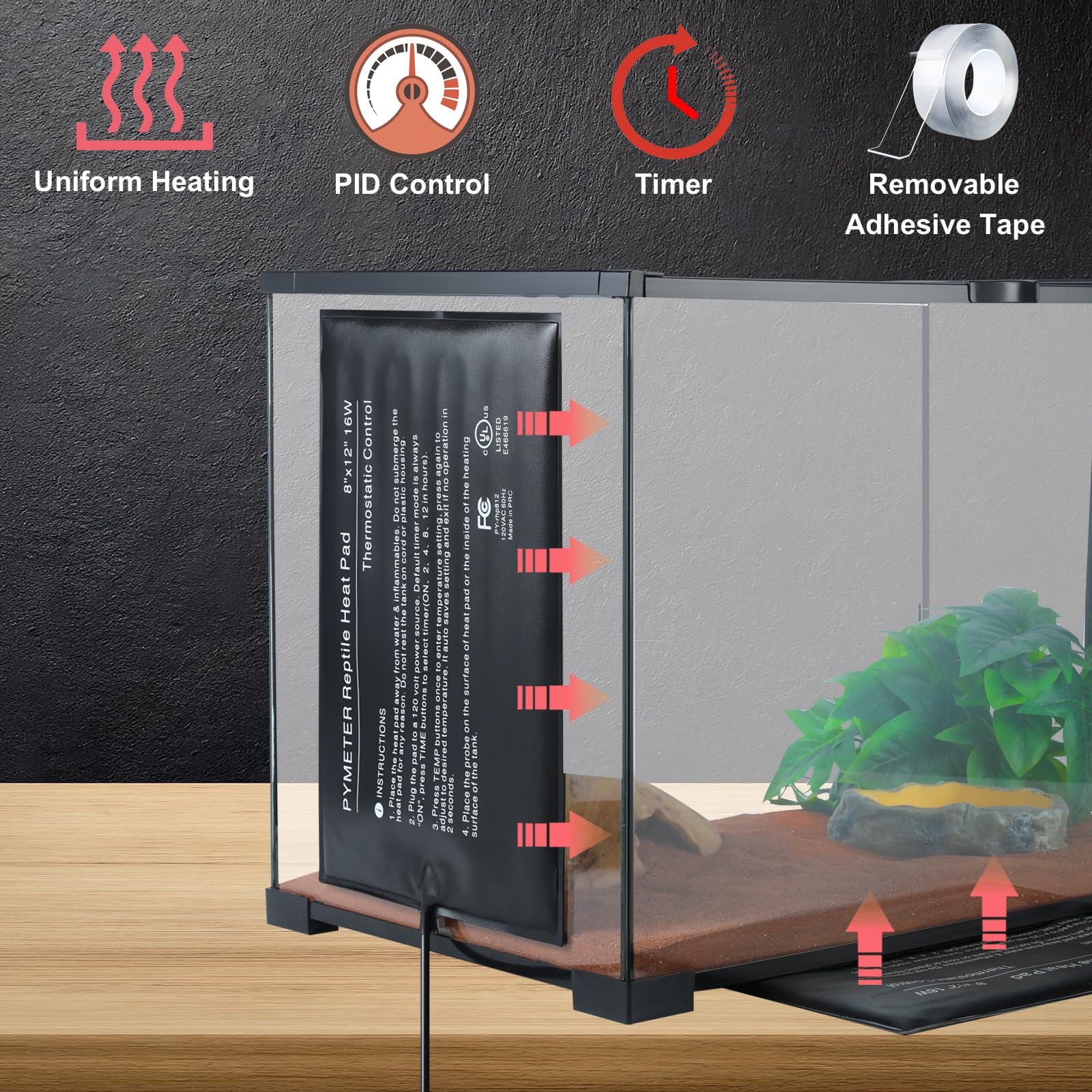 Pymeter Reptile Heating Pad With Pid Thermostat & Timer 8''X12'' Terrarium Under Tank Heater For Hermit Crab/Snake/Turtle/Lizard
