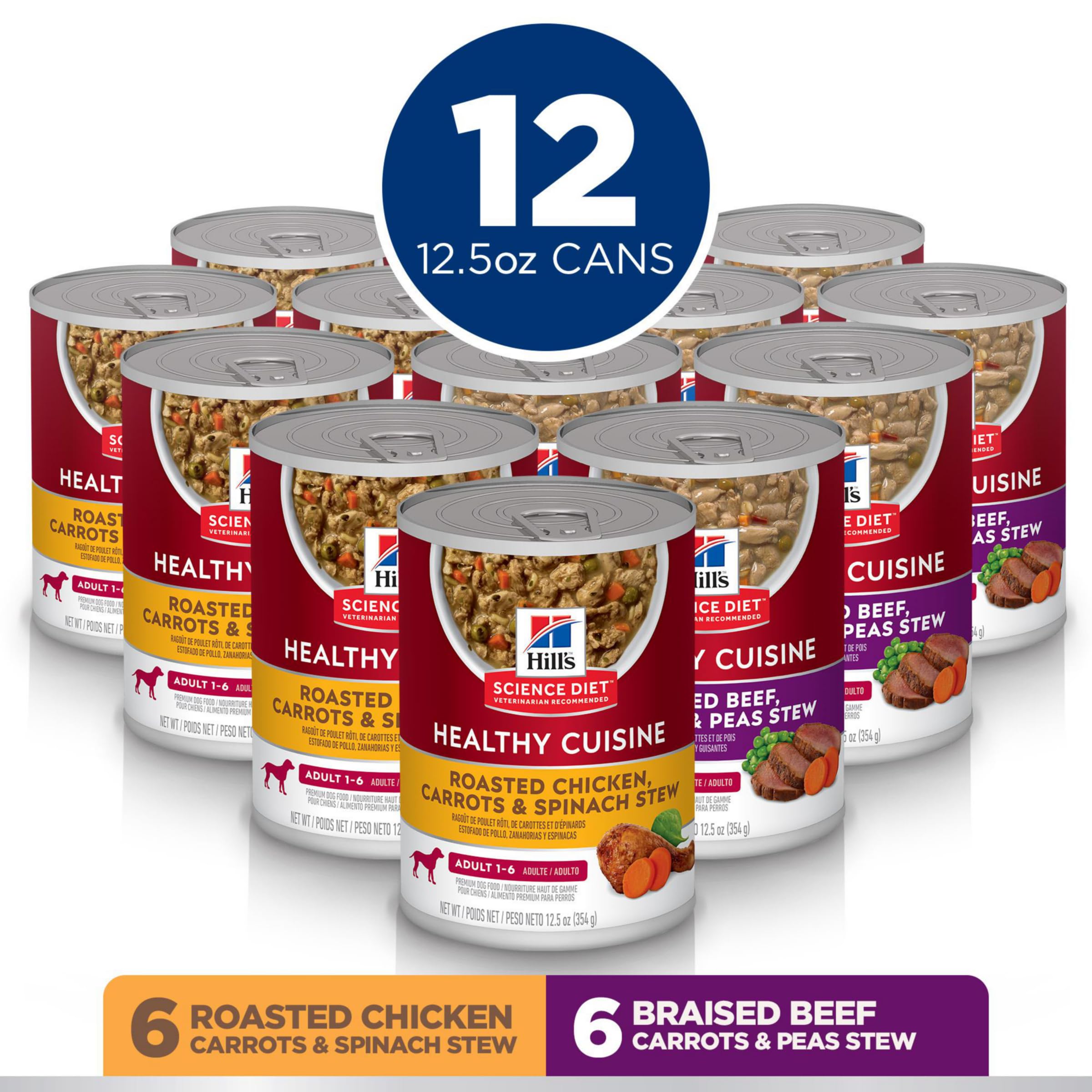 Hills Science Diet Healthy Cuisine, Adult 1-6, Great Taste, Wet Dog Food, Variety Pack: Roasted Chicken, Carrots & Spinach; Bra