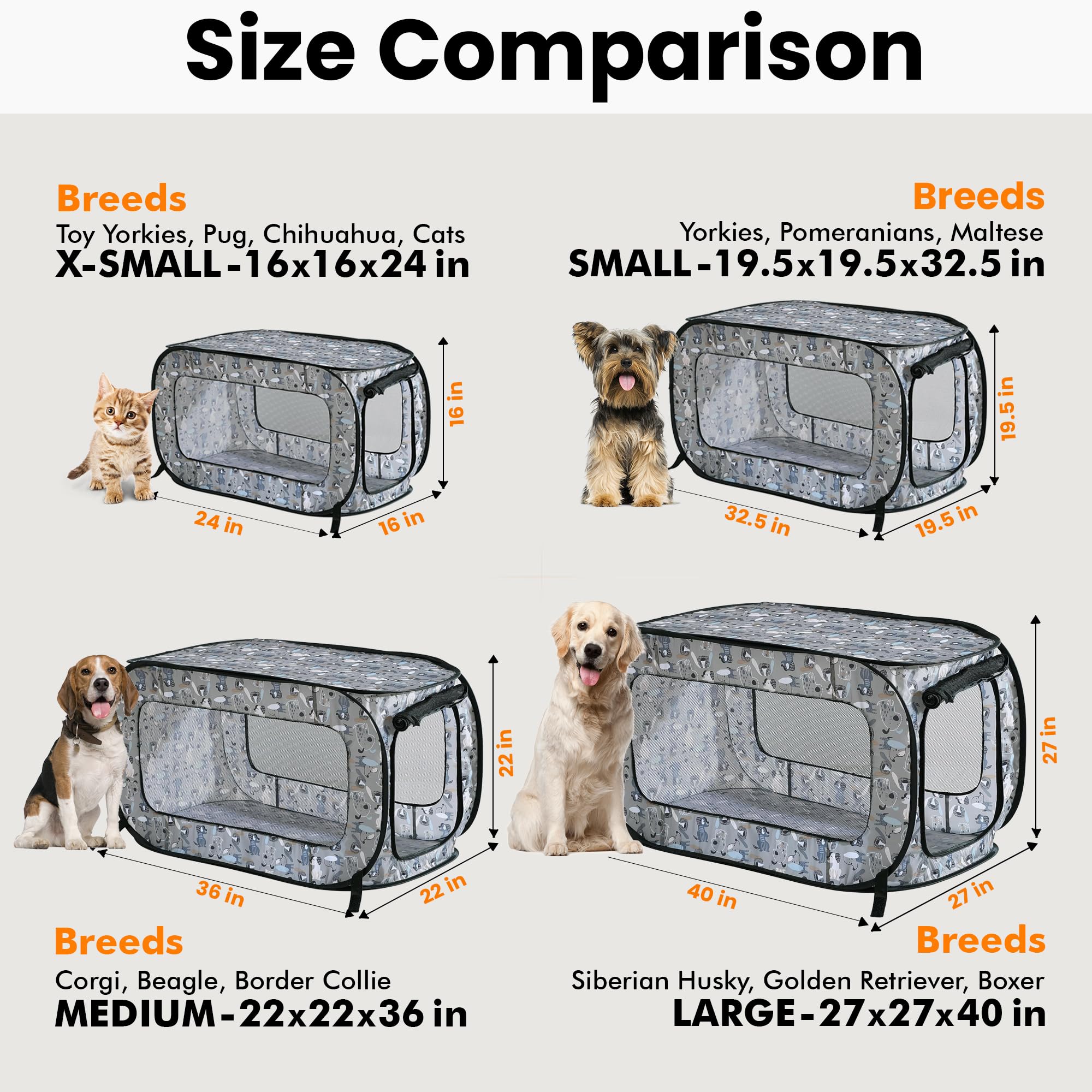 Beatrice Home Fashions Portable Pop Up Kennel Crate, 32.5"L x 19.5"W x 19.5"H, Polyester, Tail Waggers Color, Model PR