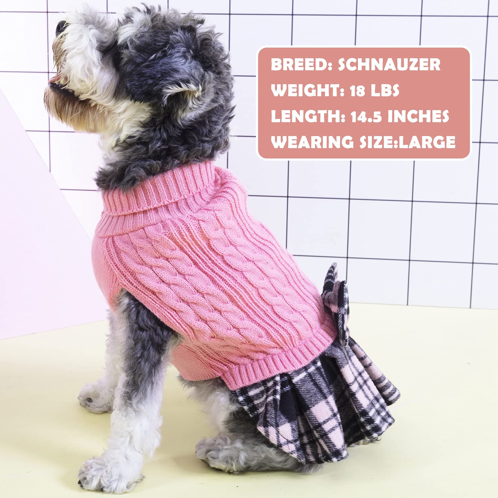 Kyeese Dog Sweater Dress With Leash Hole For Small Medium Dogs With Bowtie Checkered Turtleneck Dog Sweaters Warm Pet Sweater Pink
