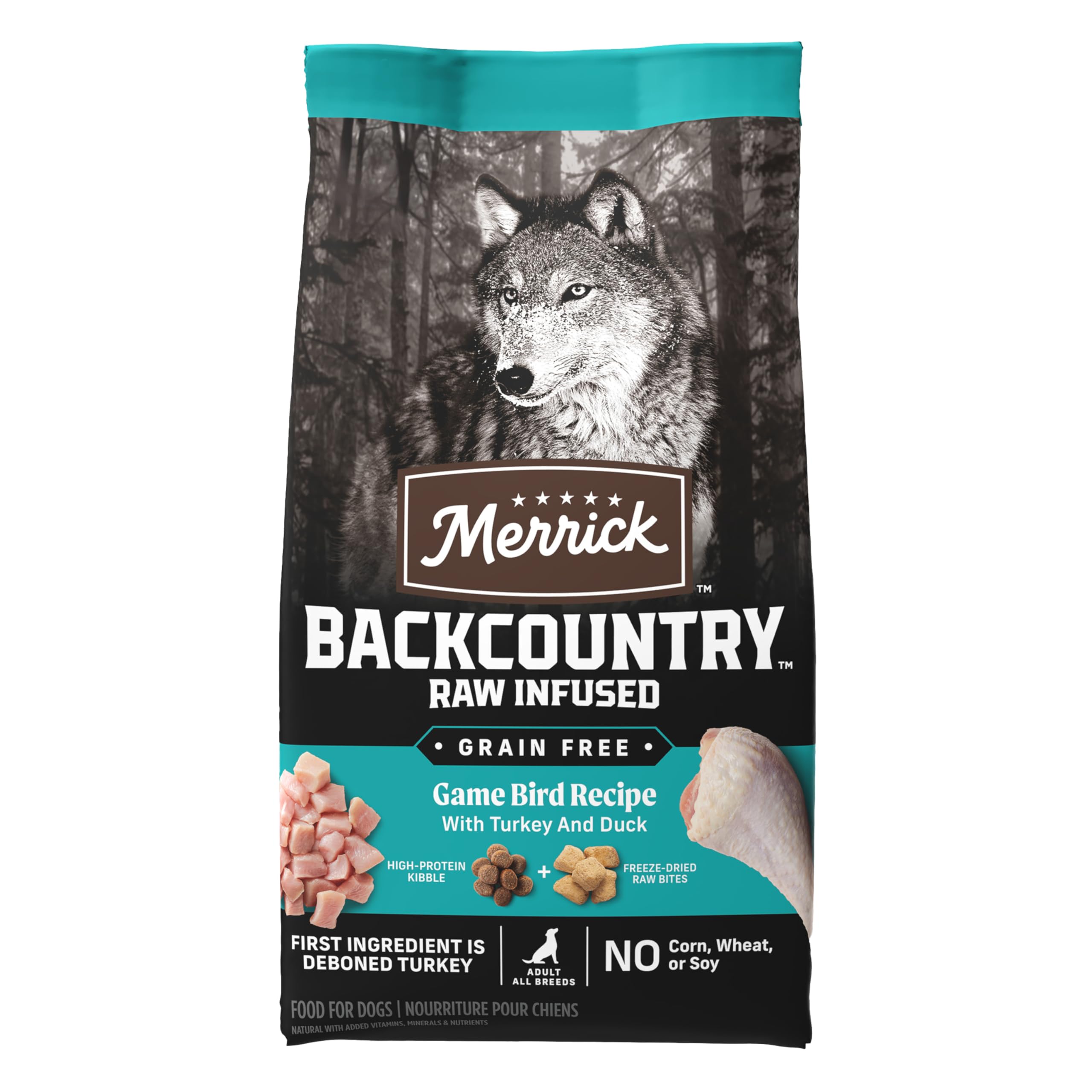 Merrick Backcountry Grain Free Dry Adult Dog Food, Kibble With Freeze Dried Raw Pieces, Game Bird Recipe - 20.0 lb. Bag