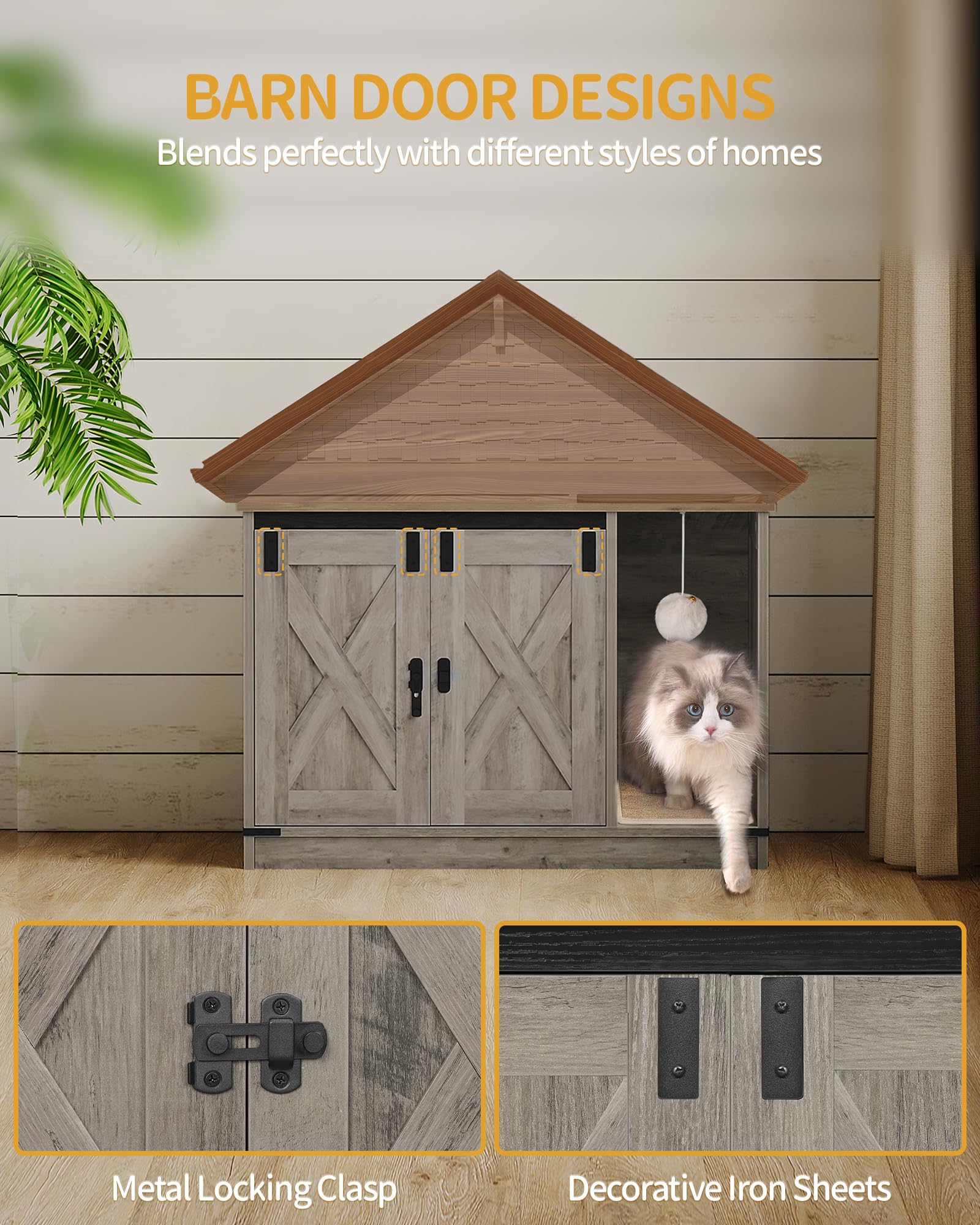 Hzuaneri Cat Litter Box Enclosure, Hidden Litter Box Cabinet Furniture with Bell, Indoor Cat House, Farmhouse Style, 31.5 x 19.7