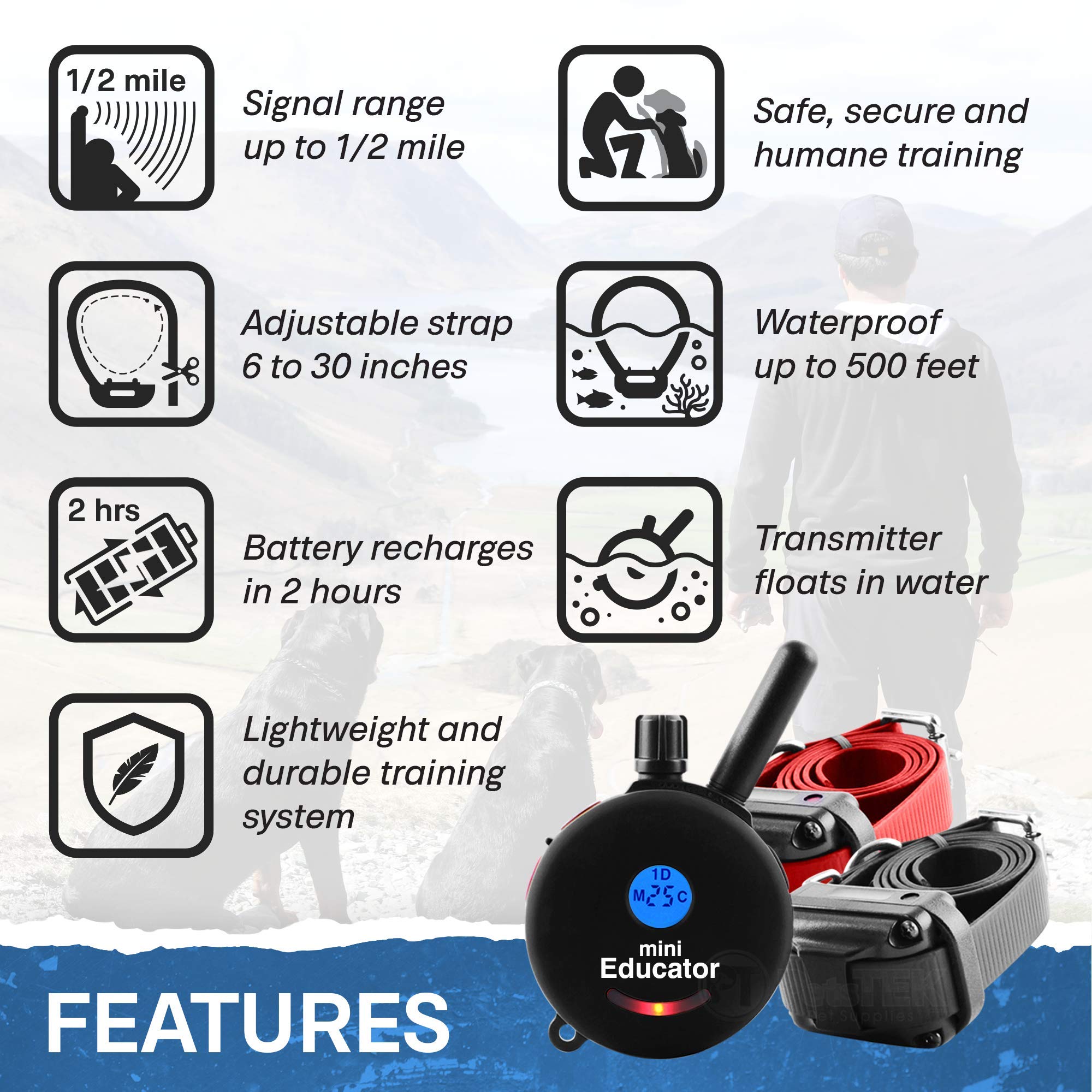 Educator Et-302 Bk - 1/2 Mile Rechargeable Dog Trainer Ecollar With Remote For Small, Medium, And Large Dogs By E-Collar Technol