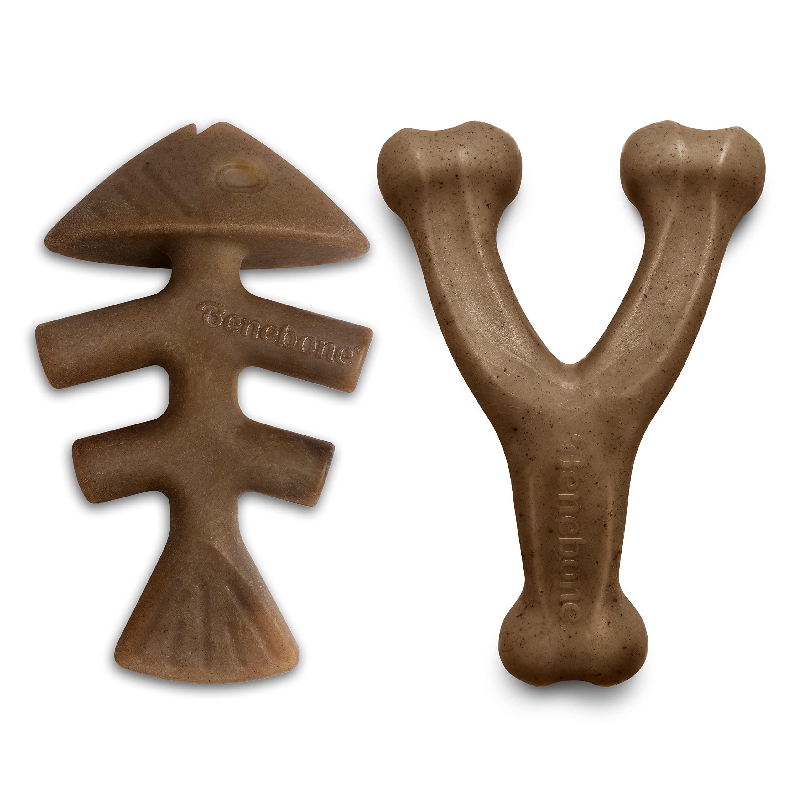 Benebone 2-Pack Fishbone/Wishbone Durable Dog Chew Toys, Real Fish, Real Bacon, Made In Usa, Large