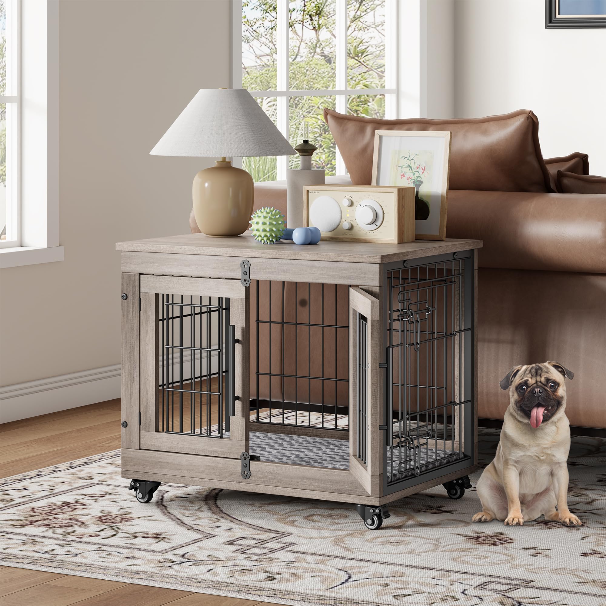YaFiti Dog Crate Furniture with Cushion, Wooden Dog Kennel Indoor with Double Doors, Dog Cage with Wheels, Dog House Side End Ta